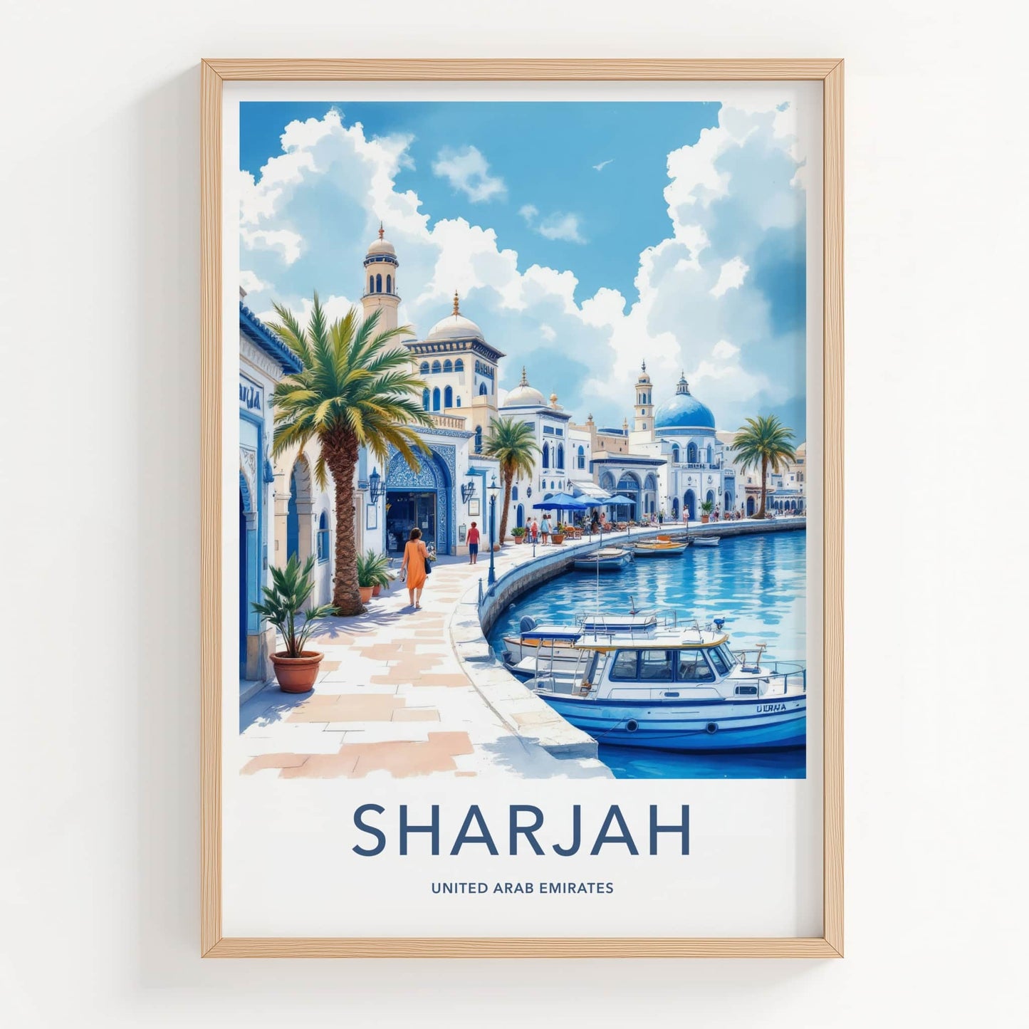 Sharjah Poster - United Arab Emirates Travel Art - White Blue Waterfront Wall Decor