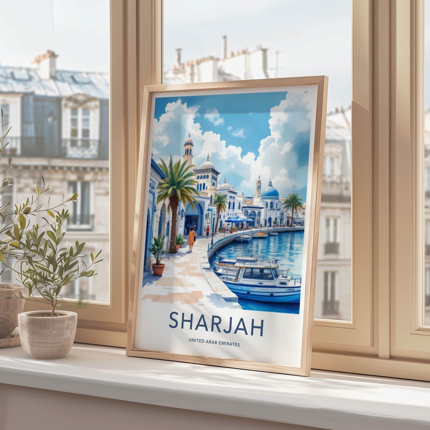Sharjah Poster - United Arab Emirates Travel Art - White Blue Waterfront Wall Decor