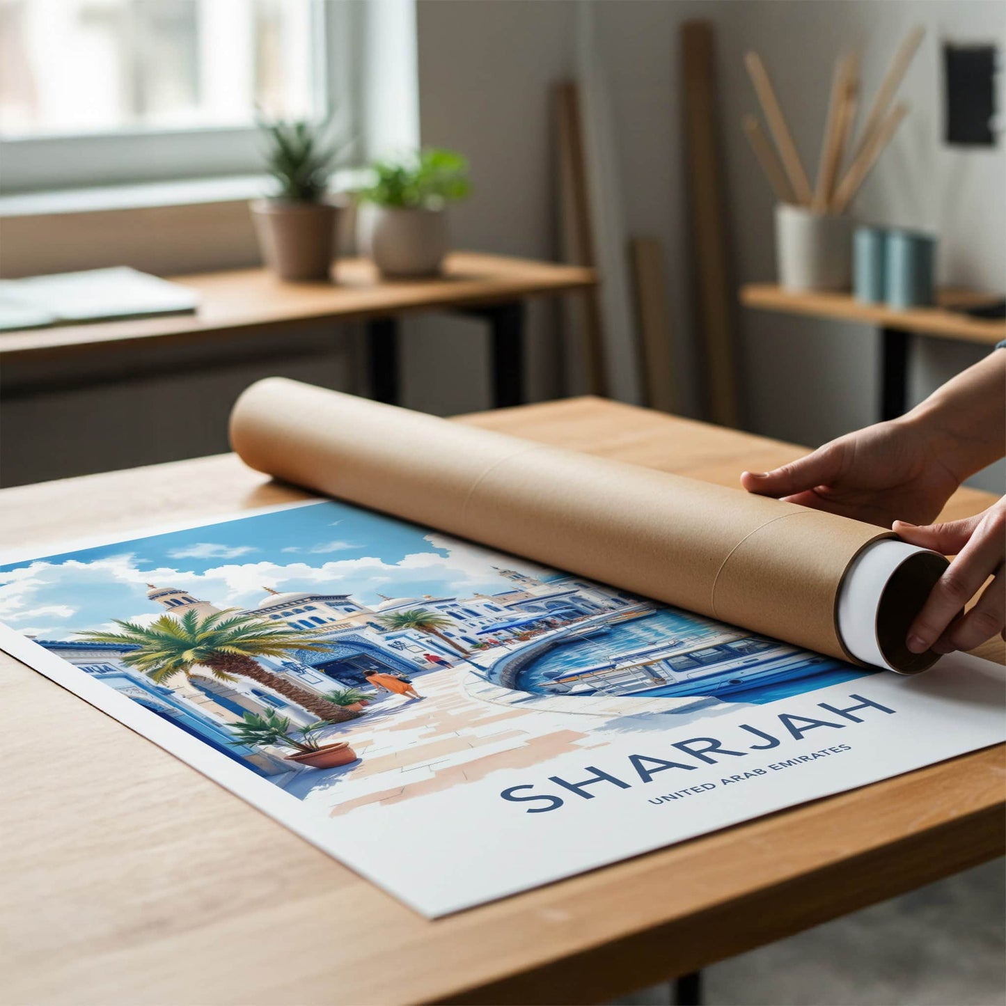 Sharjah Poster - United Arab Emirates Travel Art - White Blue Waterfront Wall Decor
