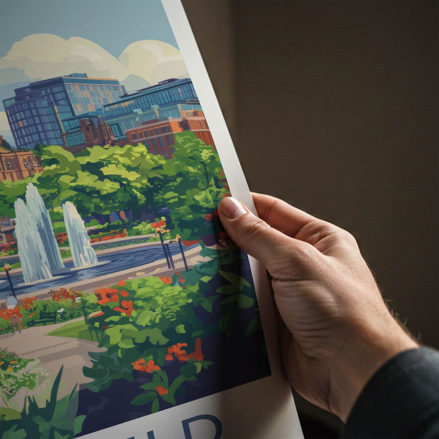 Sheffield Poster - England Travel Art - Urban Fountain Garden Home Decor
