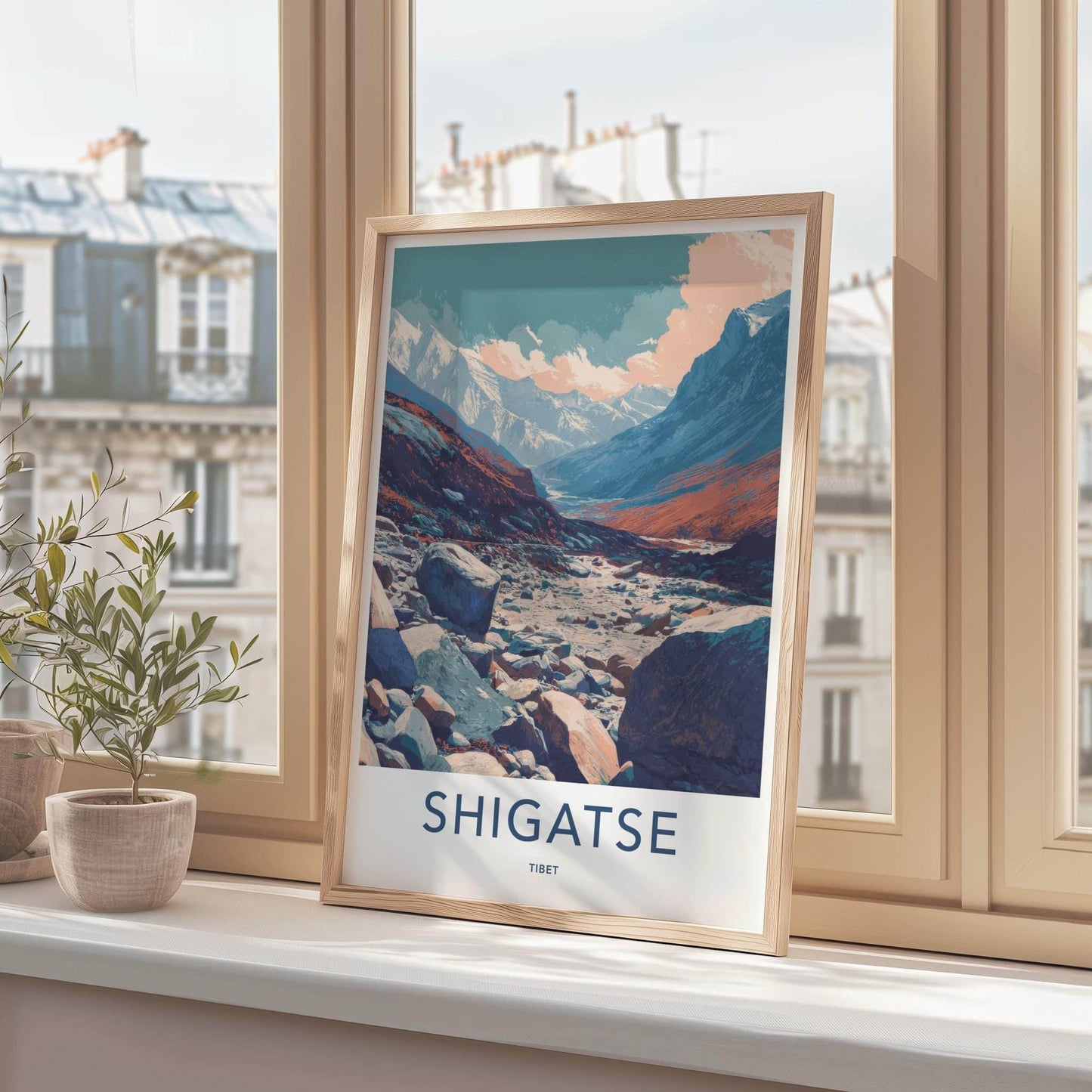 Shigatse Poster - Tibet Travel Art - Mountain River Valley Home Decor