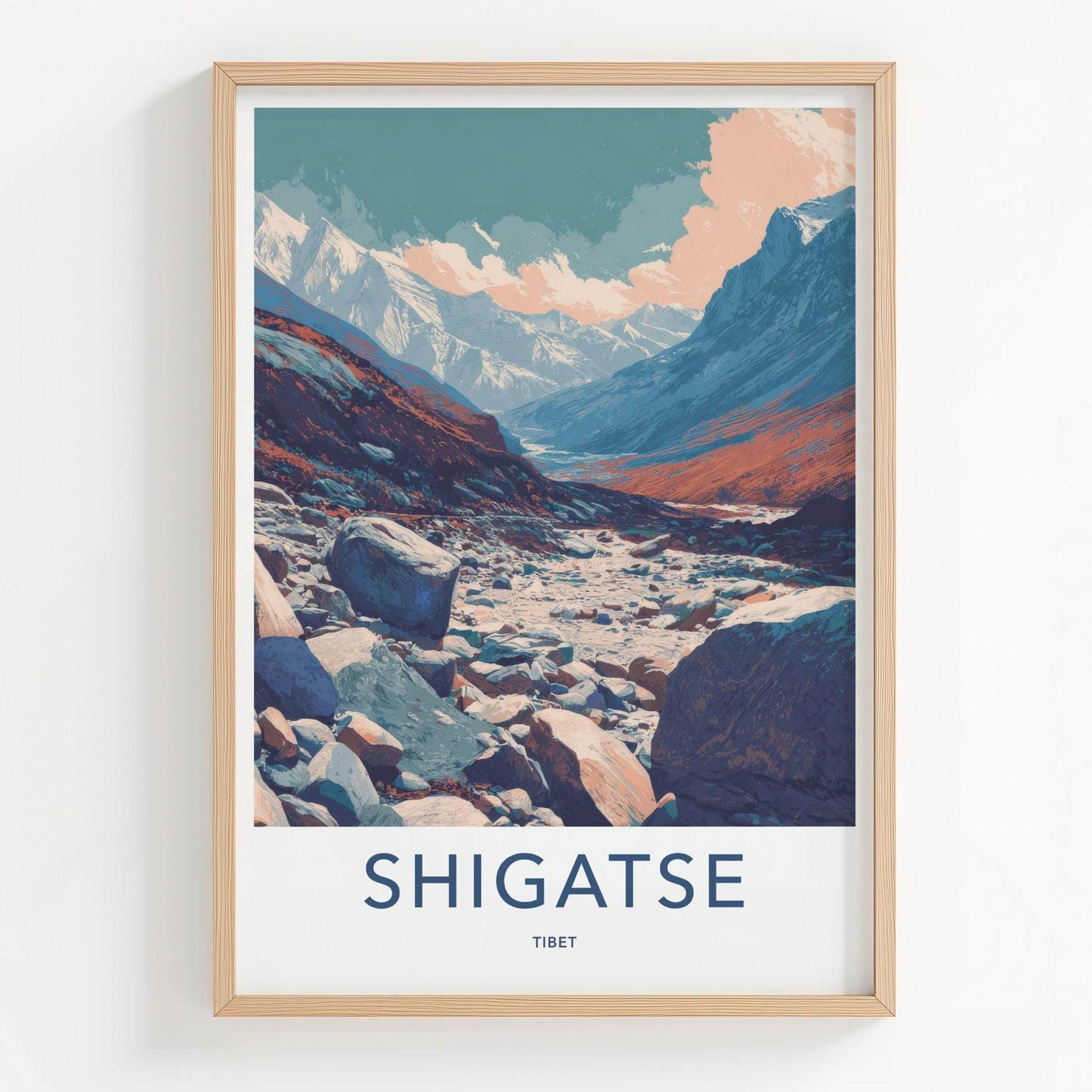 Shigatse Poster - Tibet Travel Art - Mountain River Valley Home Decor