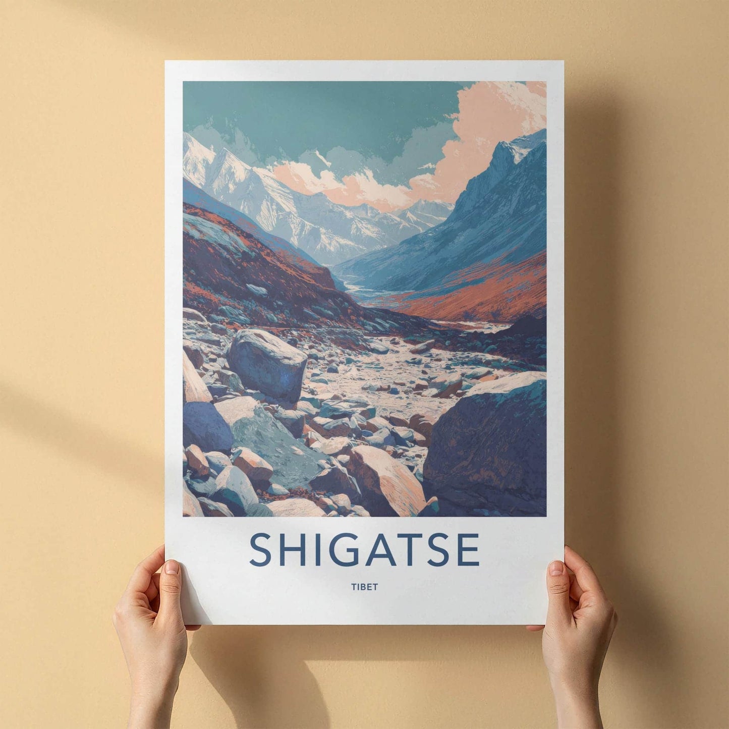 Shigatse Poster - Tibet Travel Art - Mountain River Valley Home Decor