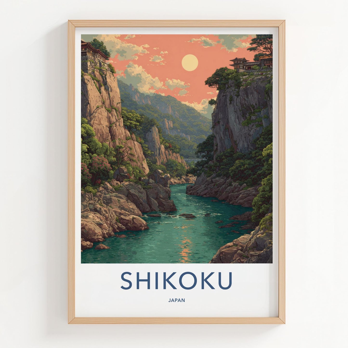 Shikoku Poster - Japan Travel Art - Ancient Cliffside Temples Wall Decor