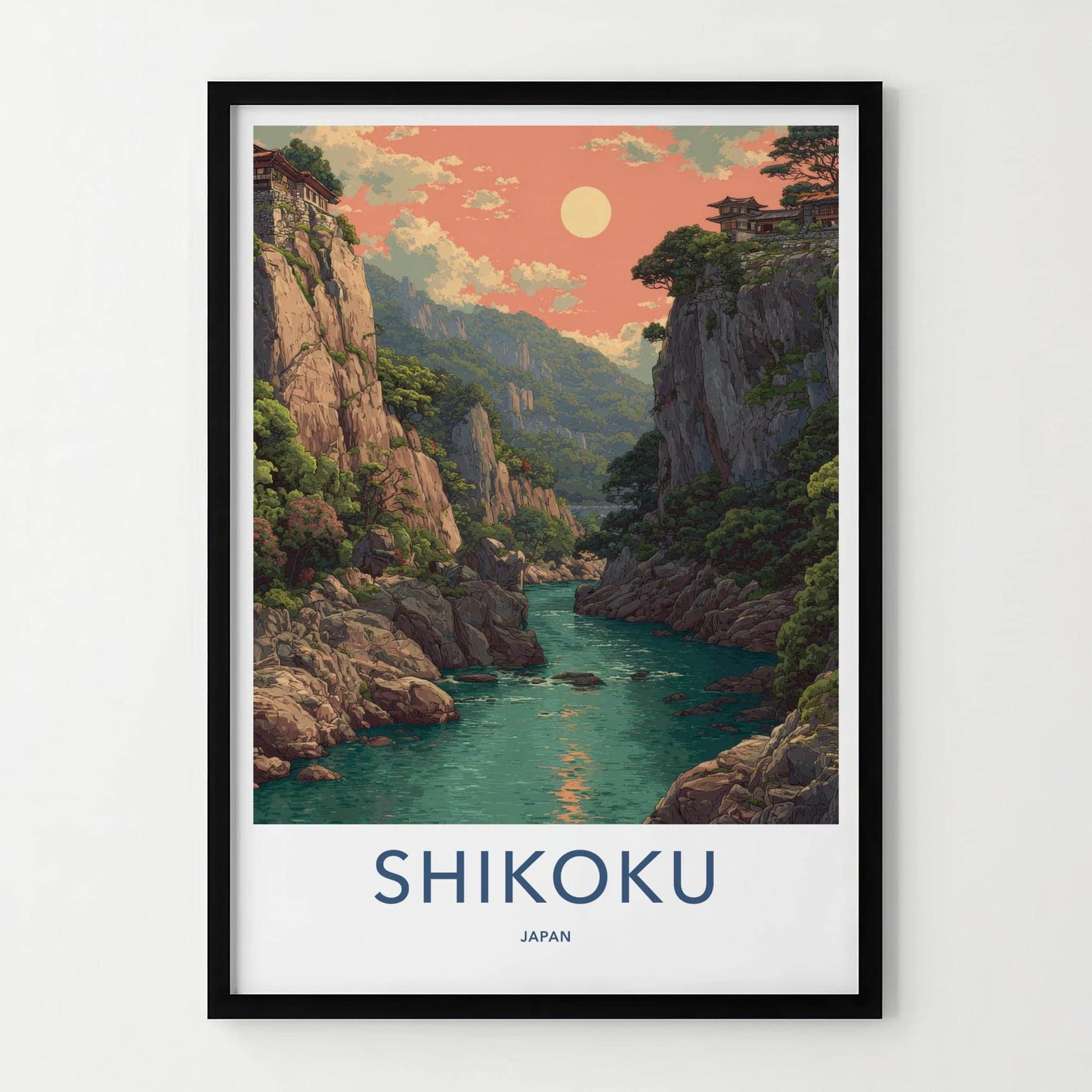 Shikoku Poster - Japan Travel Art - Ancient Cliffside Temples Wall Decor