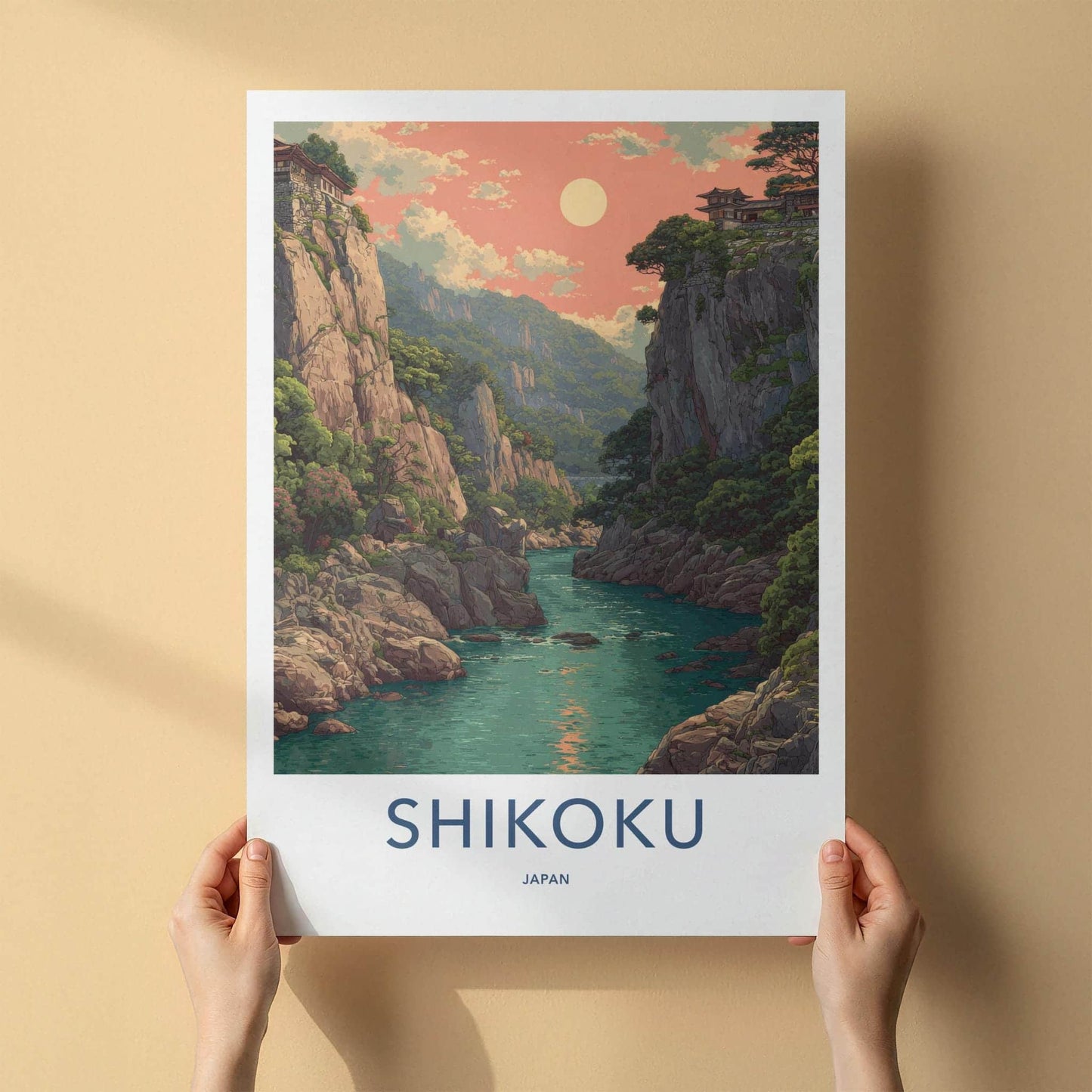 Shikoku Poster - Japan Travel Art - Ancient Cliffside Temples Wall Decor