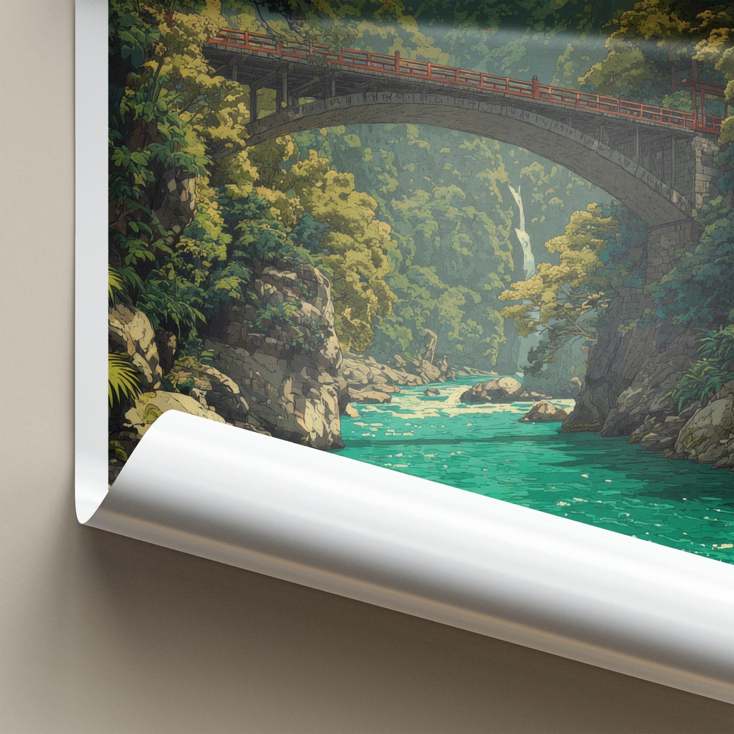 Shikoku Poster - Japan Travel Art - Mountain River Bridge Home Decor