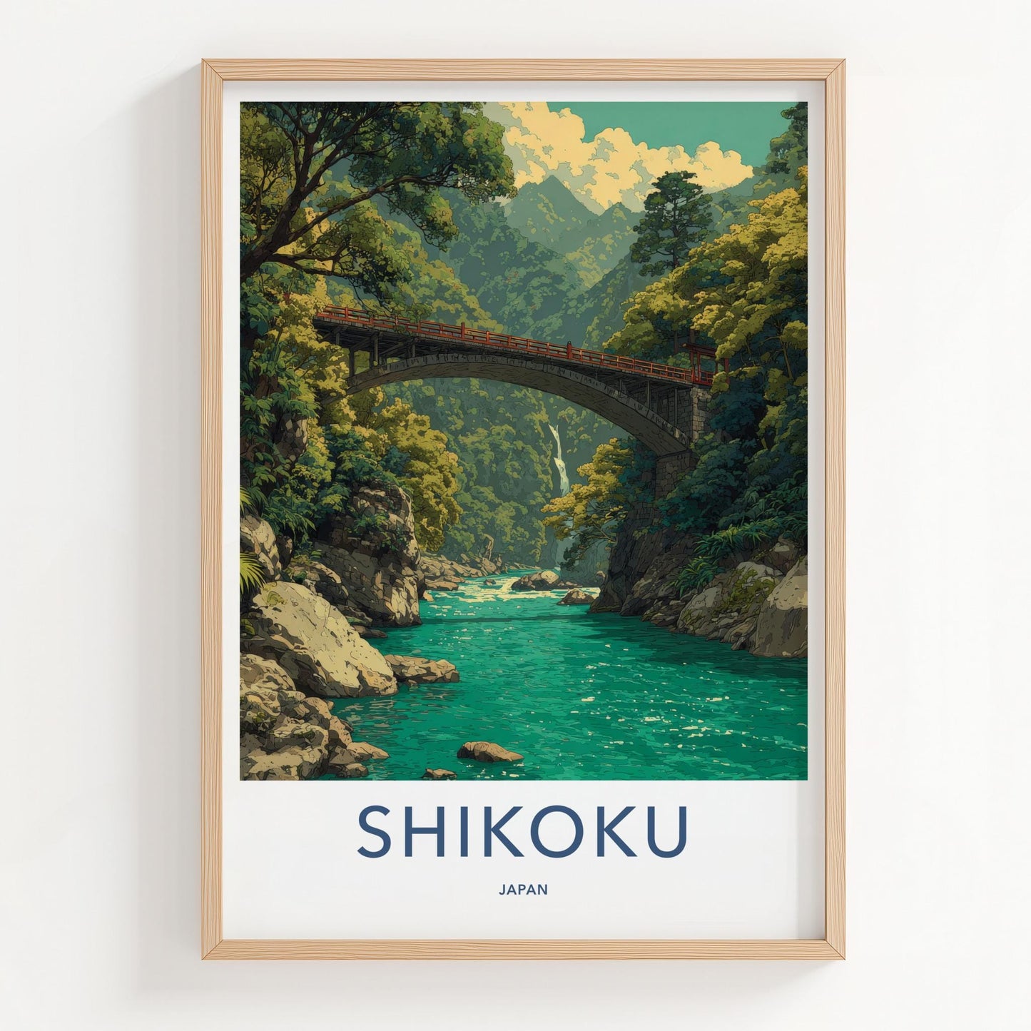 Shikoku Poster - Japan Travel Art - Mountain River Bridge Home Decor