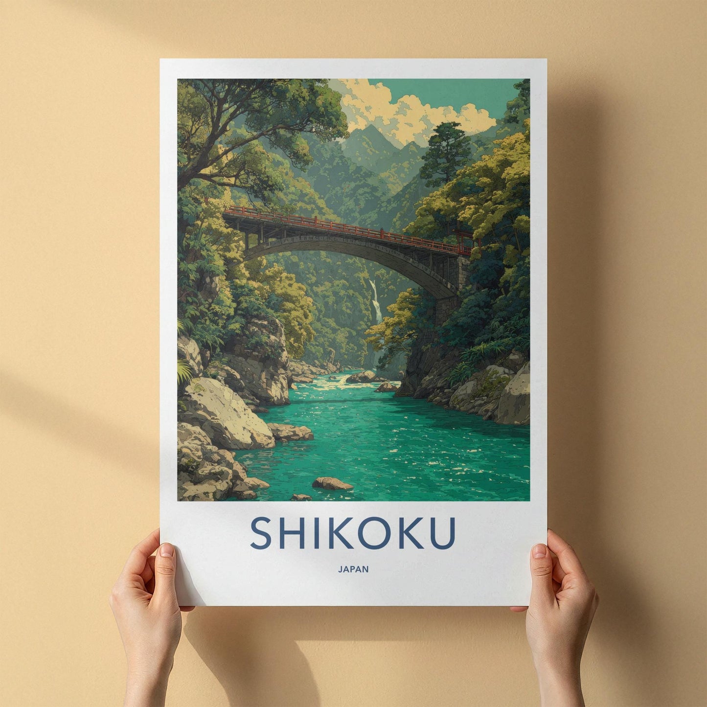 Shikoku Poster - Japan Travel Art - Mountain River Bridge Home Decor