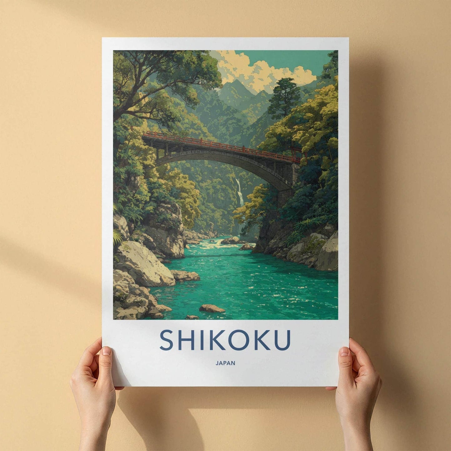 Shikoku Poster - Japan Travel Art - Mountain River Bridge Home Decor