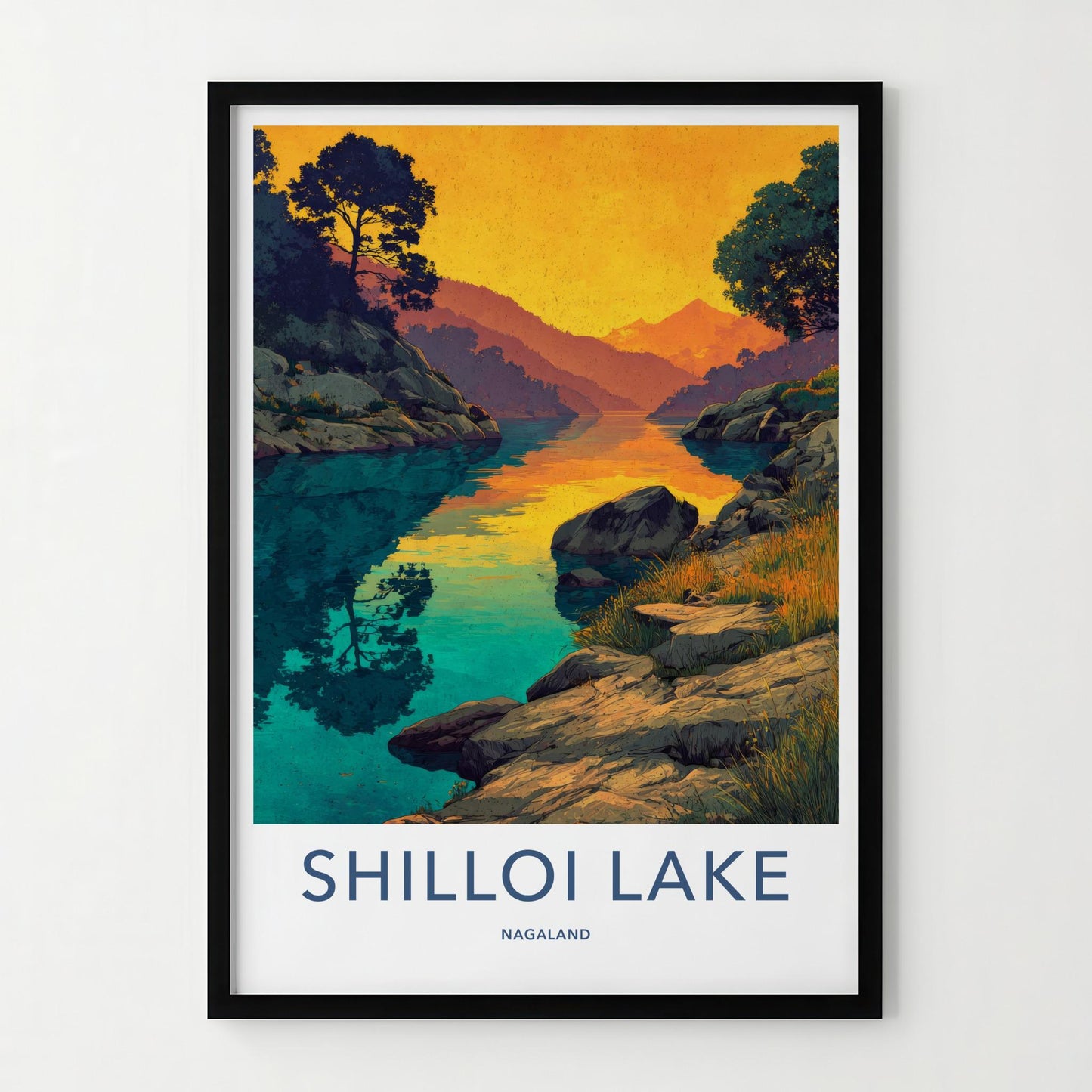 Shilloi Lake Poster - India Travel Art - Nagaland Golden Mountain Lake Home Decor