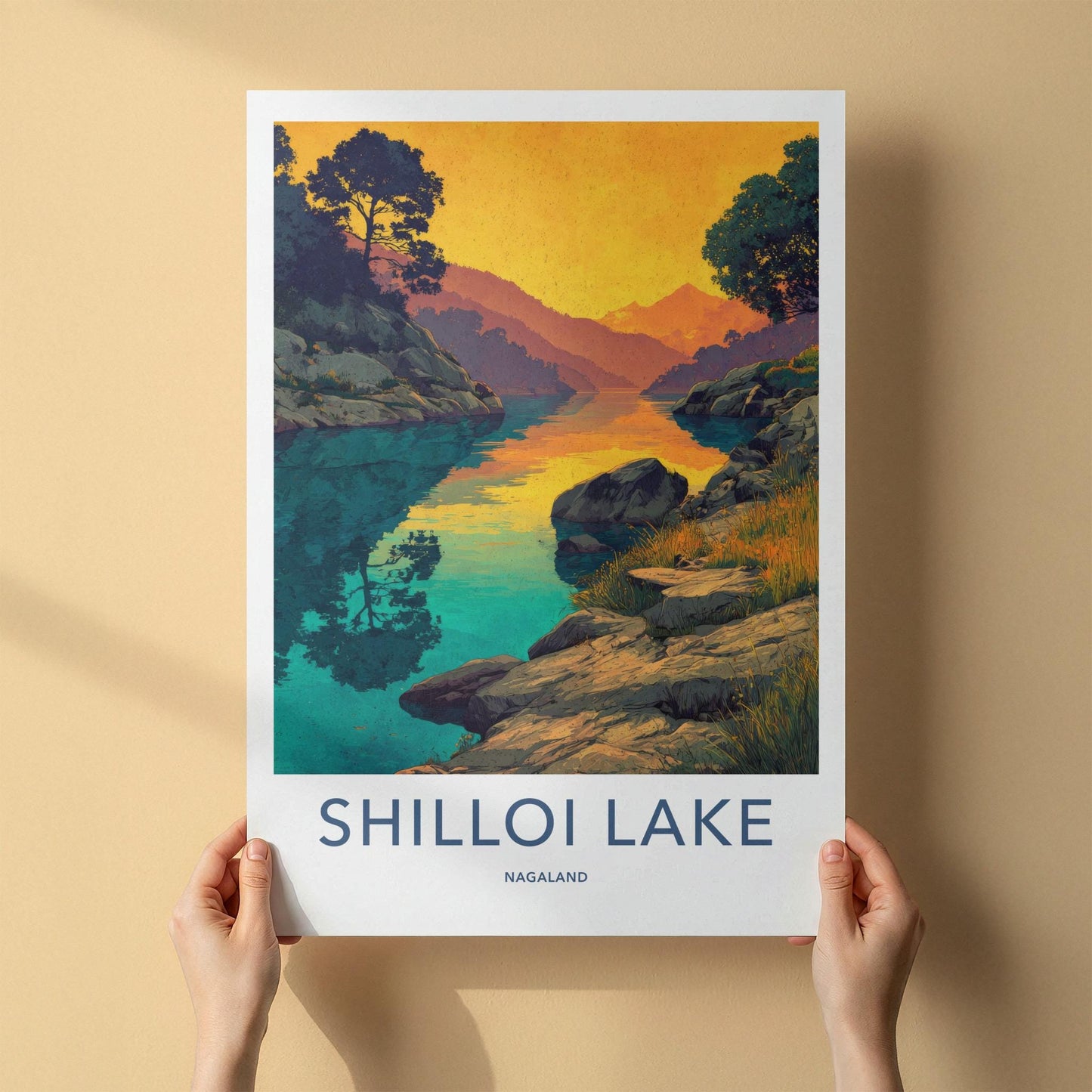 Shilloi Lake Poster - India Travel Art - Nagaland Golden Mountain Lake Home Decor