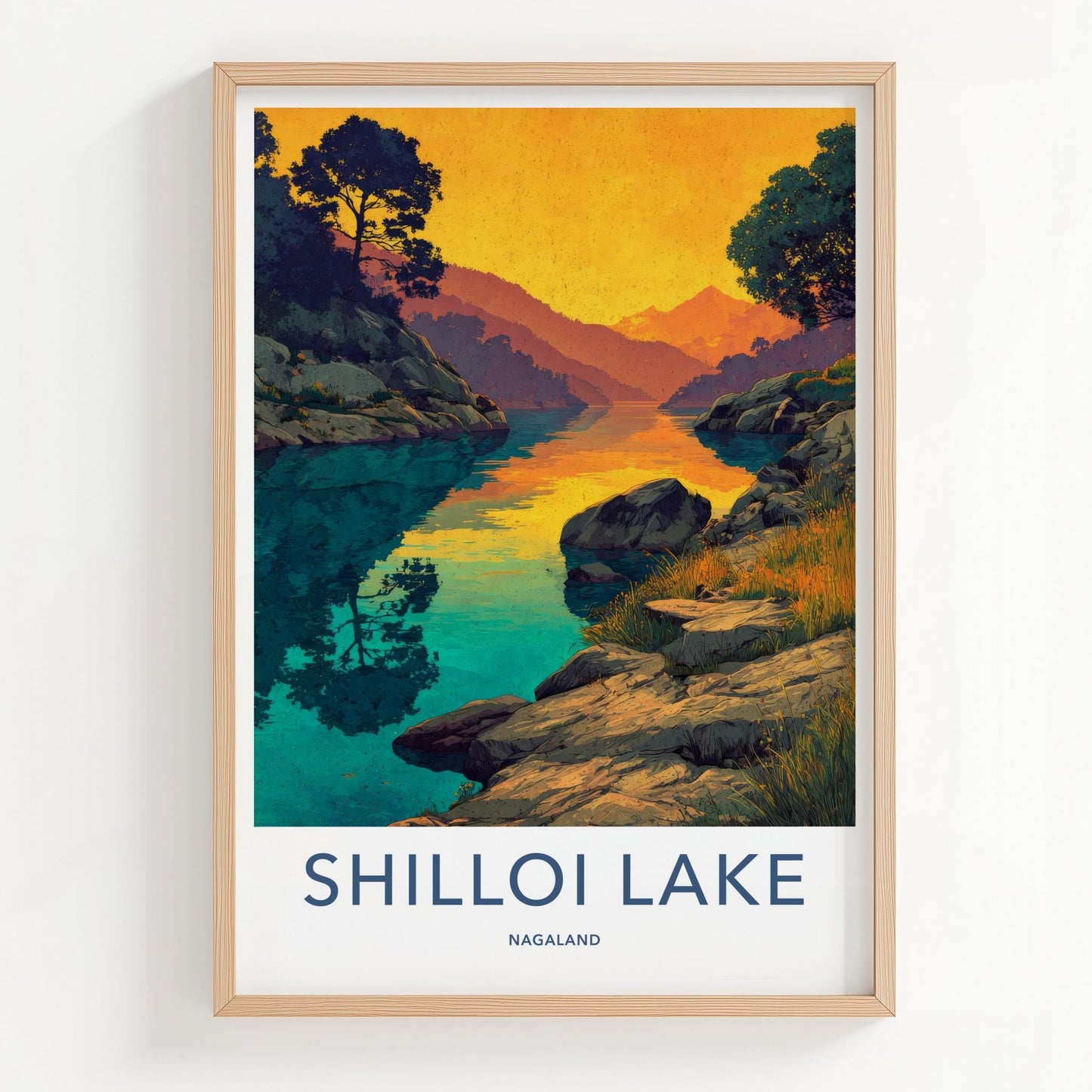 Shilloi Lake Poster - India Travel Art - Nagaland Golden Mountain Lake Home Decor