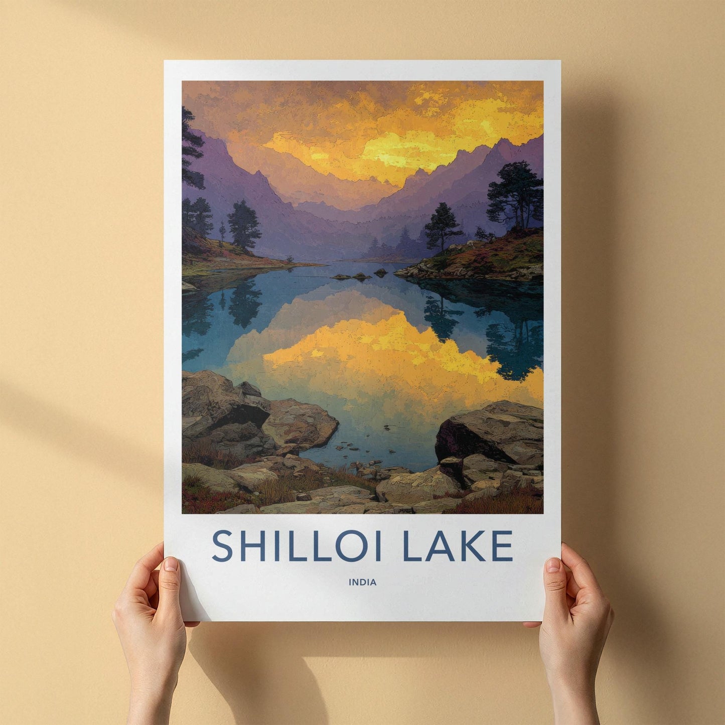 Shilloi Lake Poster - India Travel Art - Nagaland Golden Sky Reflection Home Decor