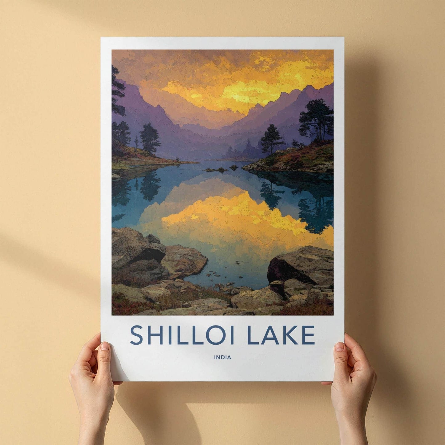 Shilloi Lake Poster - India Travel Art - Nagaland Golden Sky Reflection Home Decor