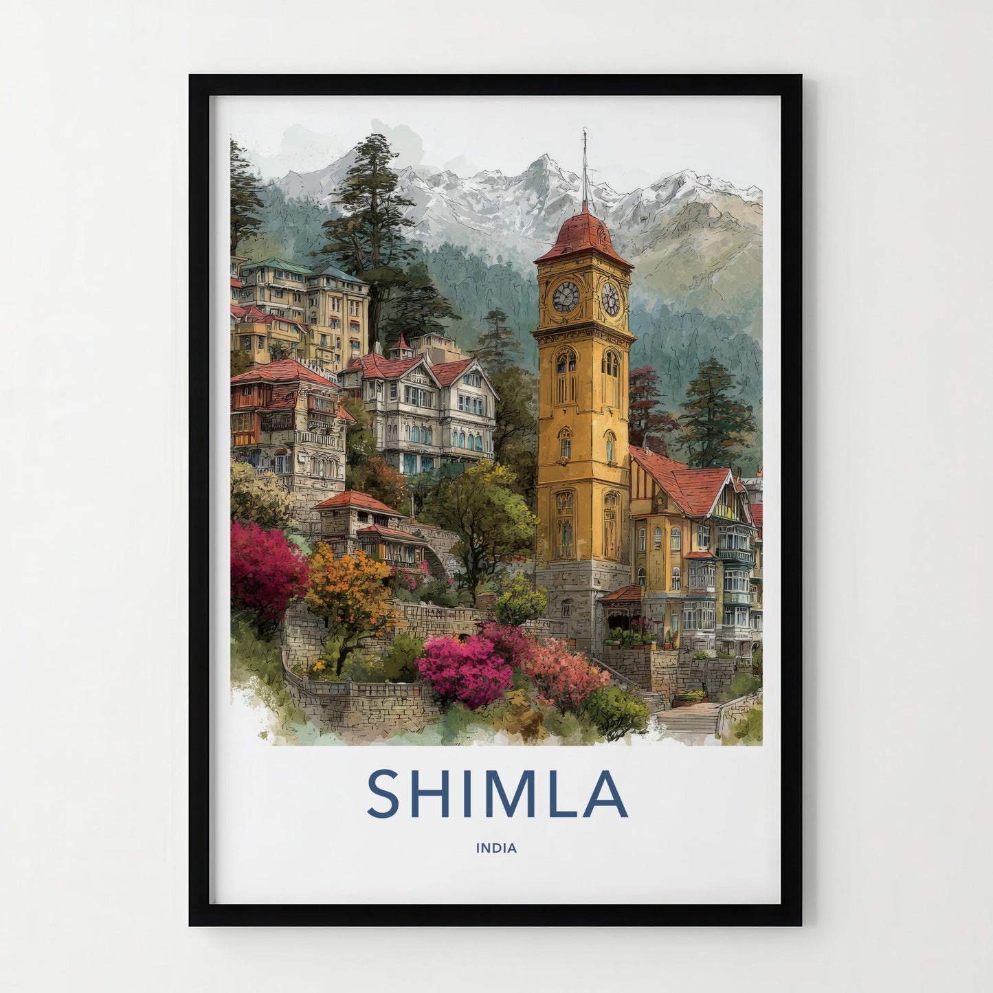 Shimla Poster - India Travel Art - Himachal Pradesh Hillside Clock Tower Home Decor