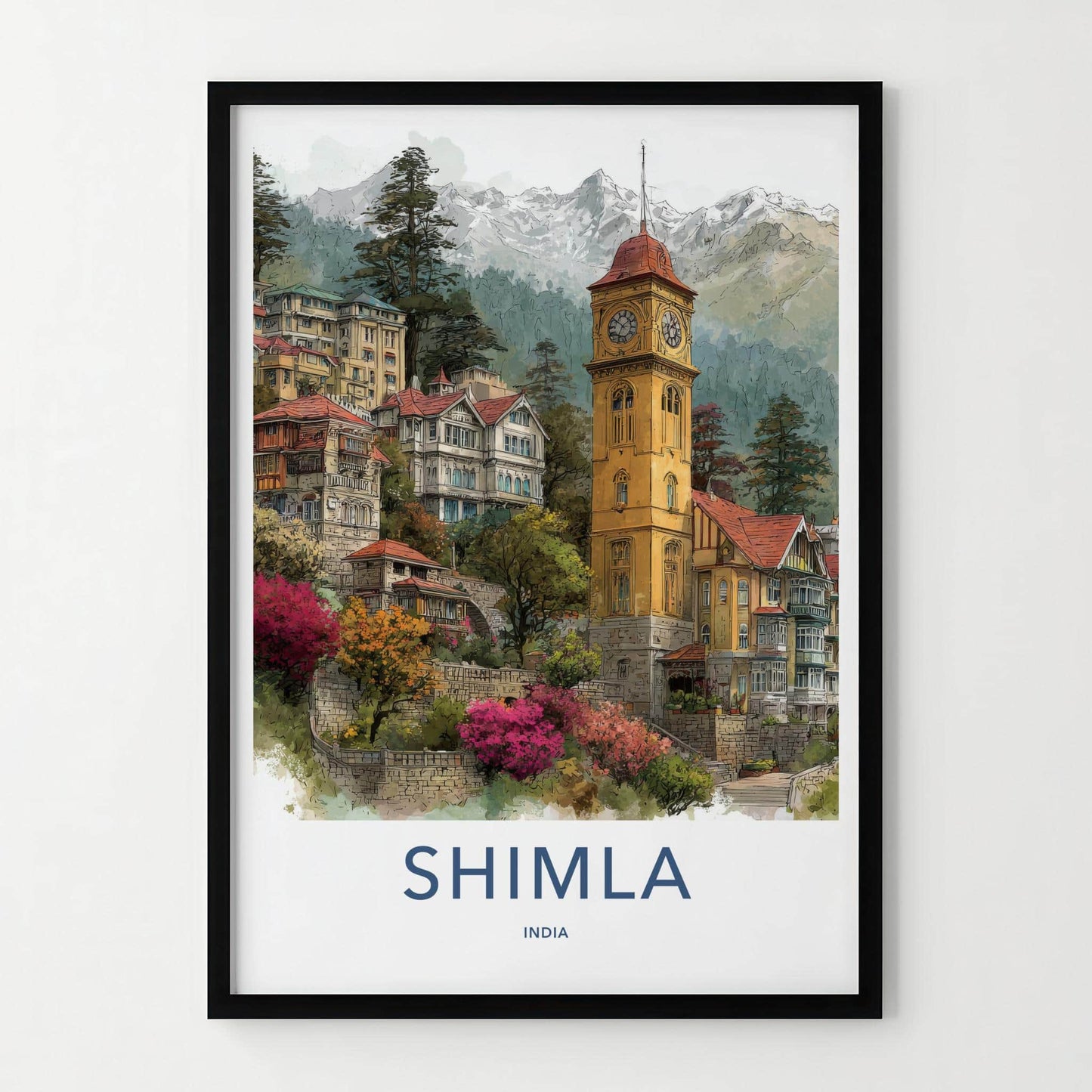 Shimla Poster - India Travel Art - Himachal Pradesh Hillside Clock Tower Home Decor