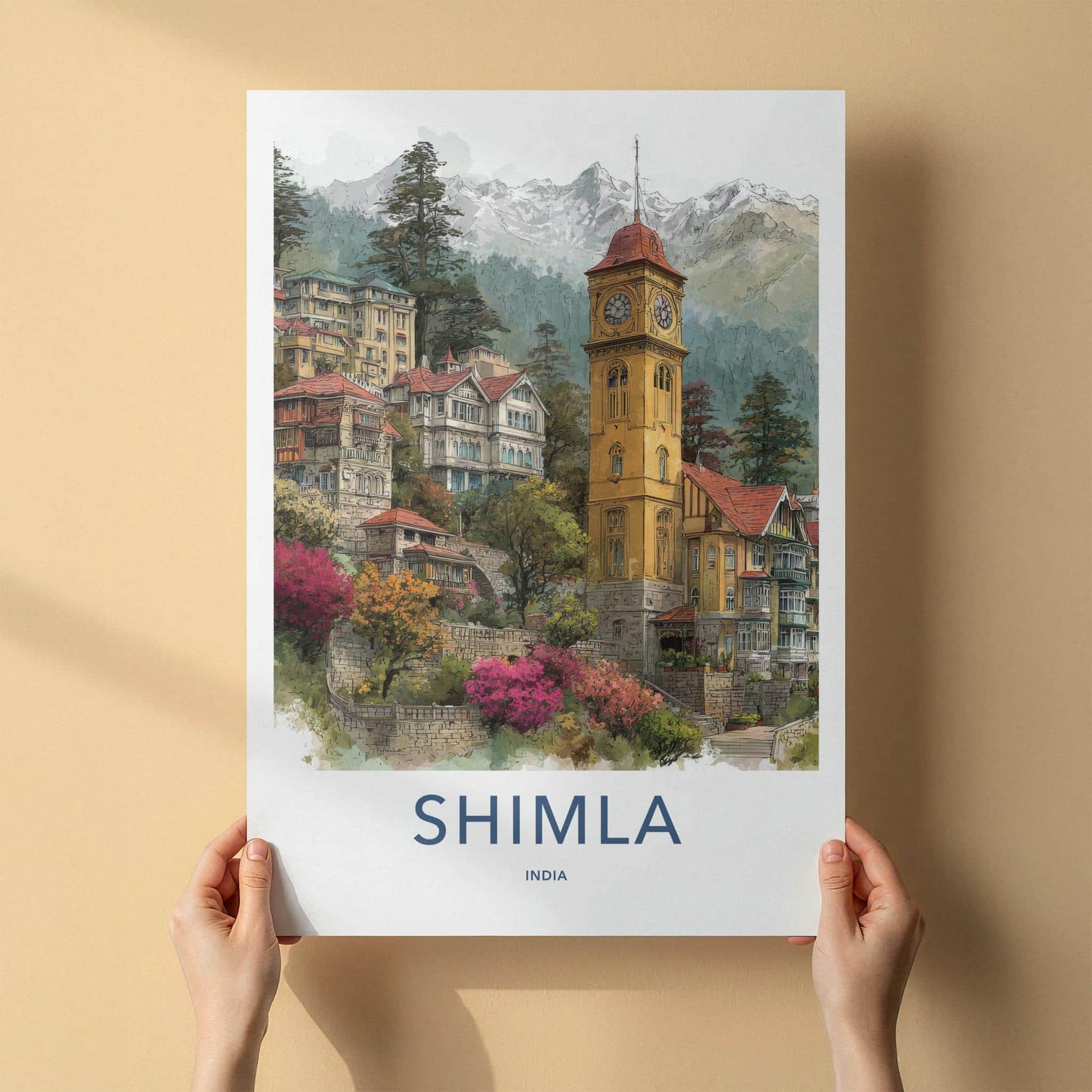 Shimla Poster - India Travel Art - Himachal Pradesh Hillside Clock Tower Home Decor