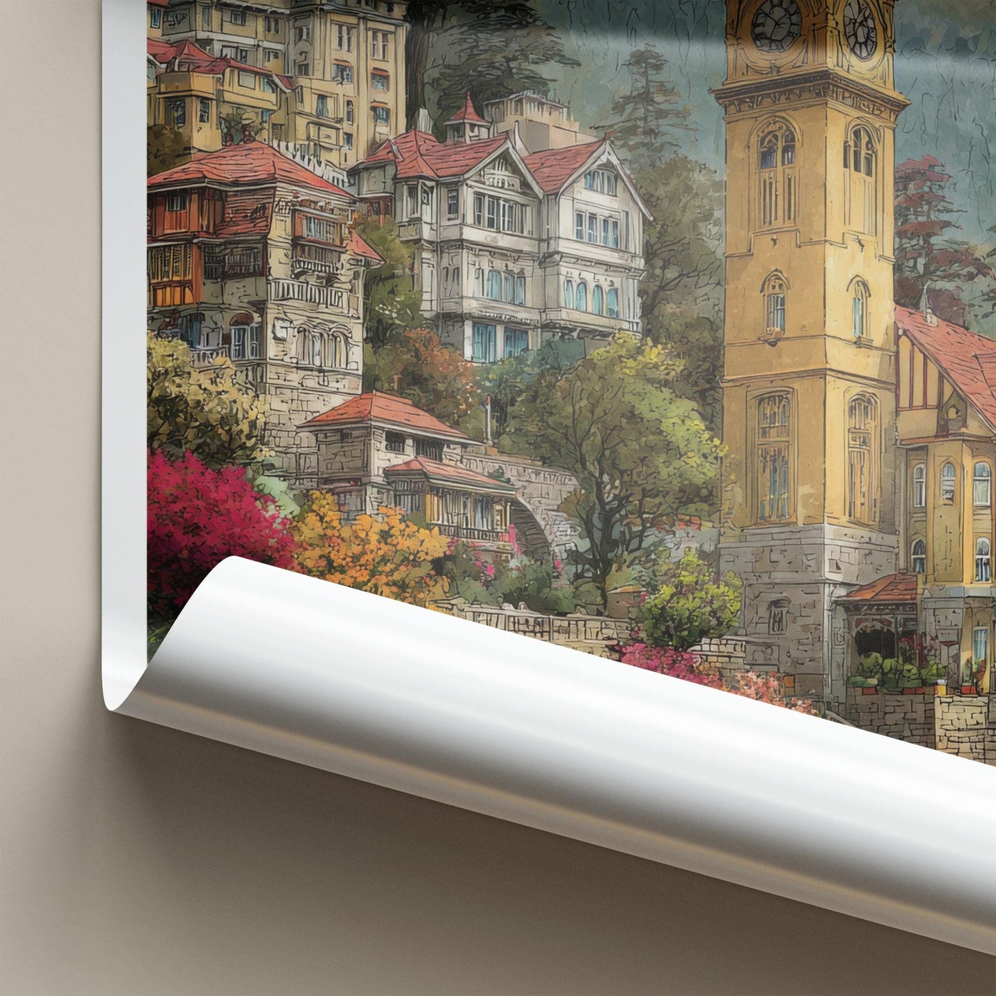 Shimla Poster - India Travel Art - Himachal Pradesh Hillside Clock Tower Home Decor