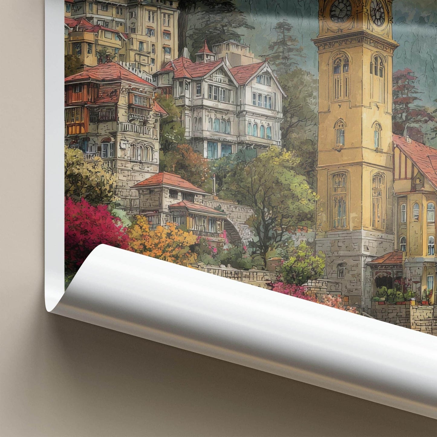 Shimla Poster - India Travel Art - Himachal Pradesh Hillside Clock Tower Home Decor