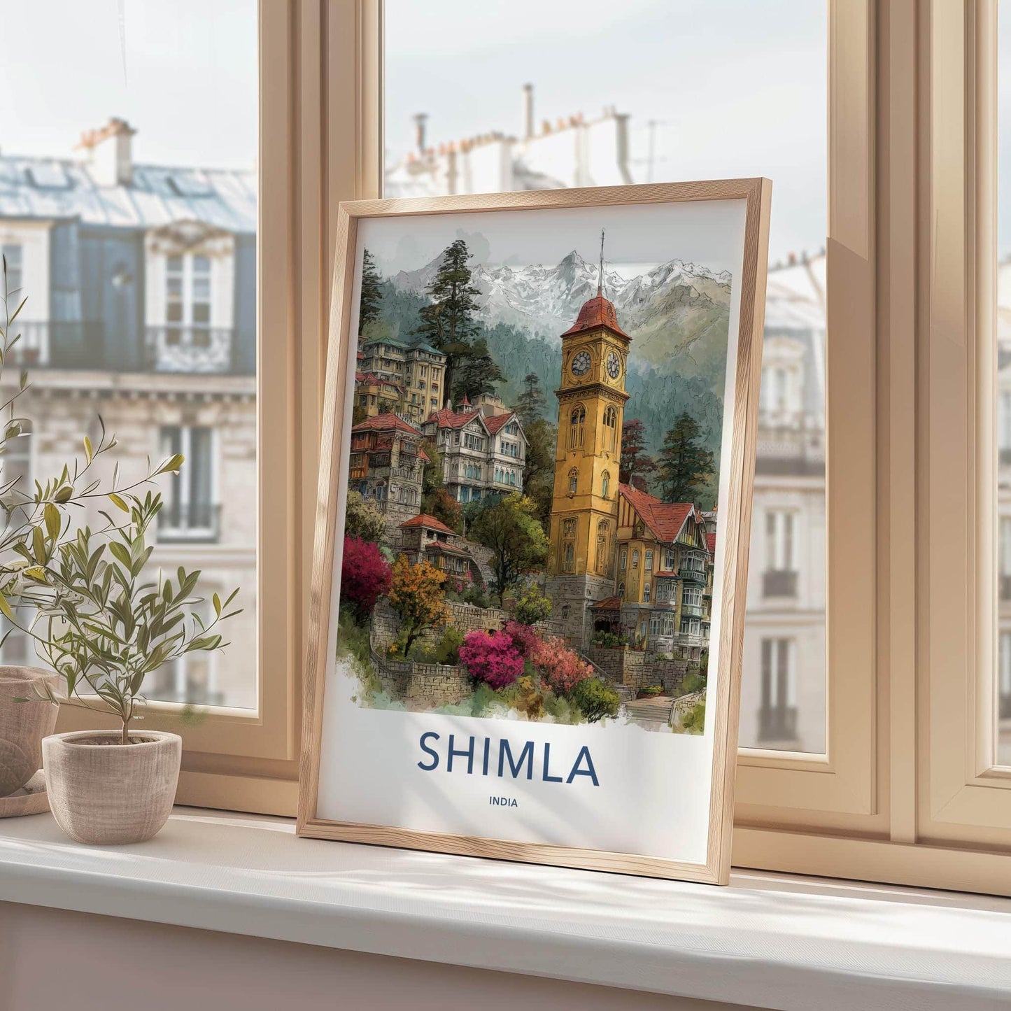 Shimla Poster - India Travel Art - Himachal Pradesh Hillside Clock Tower Home Decor