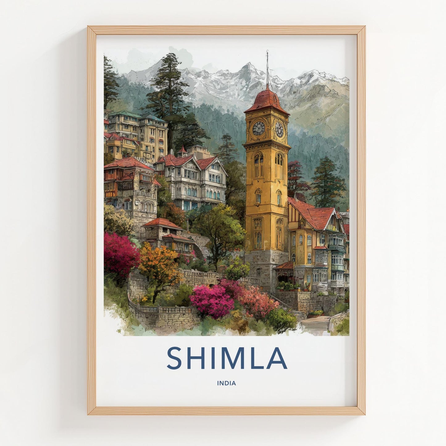 Shimla Poster - India Travel Art - Himachal Pradesh Hillside Clock Tower Home Decor