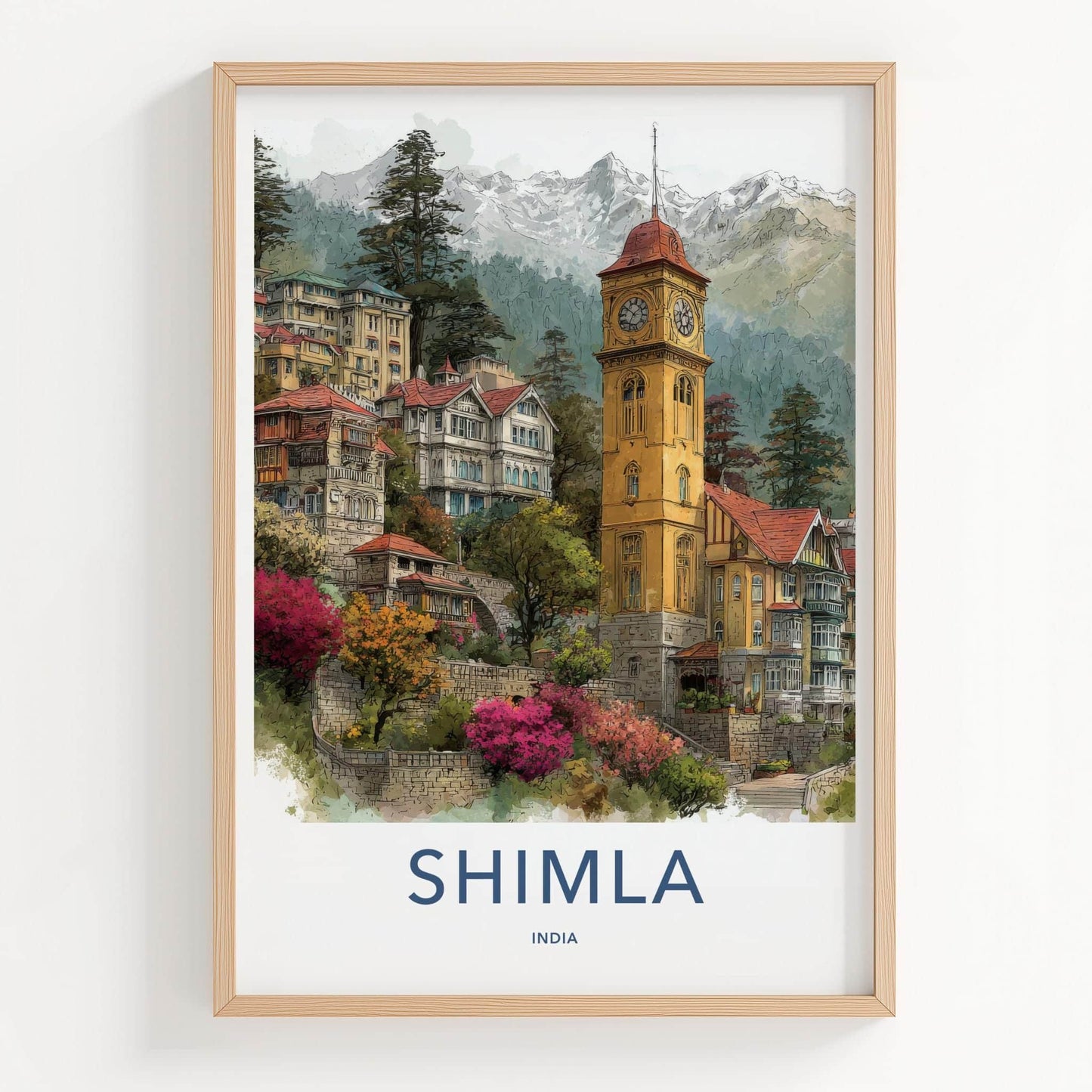 Shimla Poster - India Travel Art - Himachal Pradesh Hillside Clock Tower Home Decor