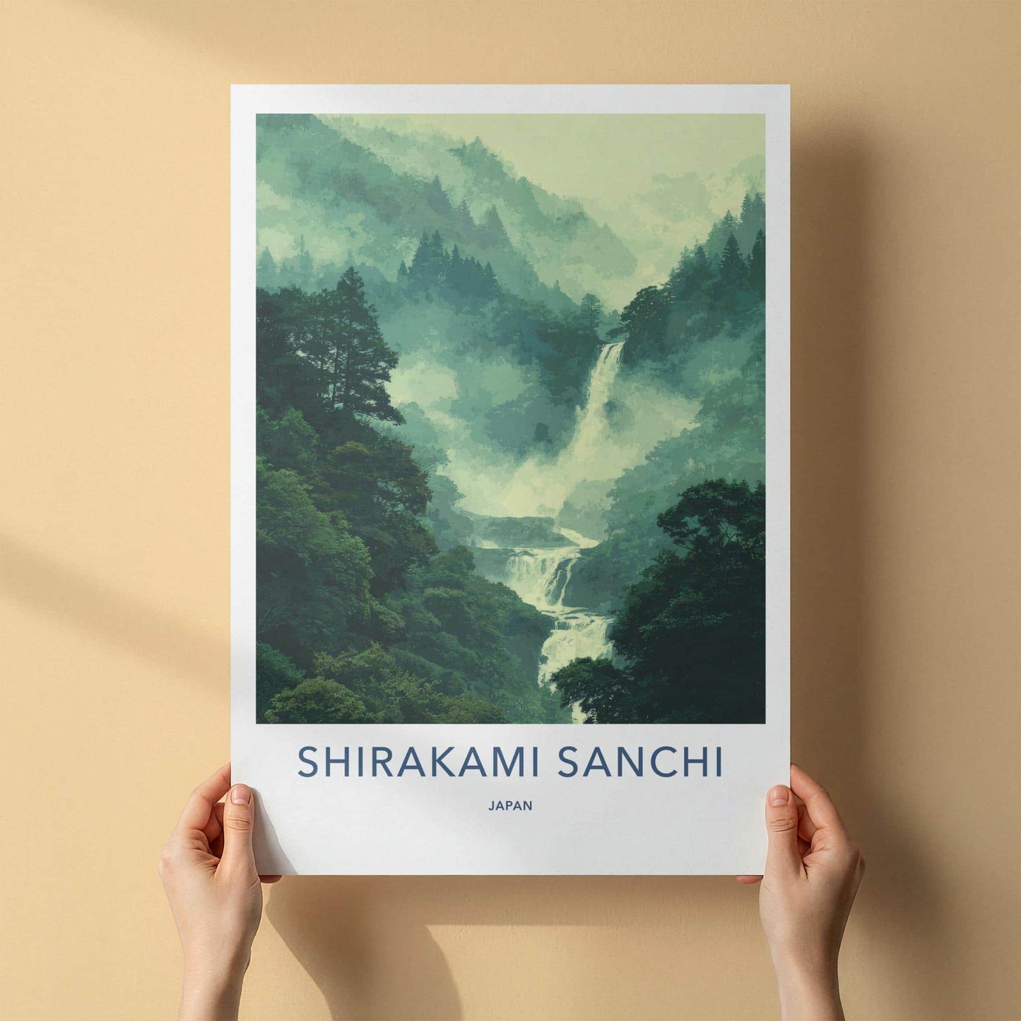 Shirakami Sanchi Poster - Japan Travel Art - Misty Forest Waterfall Home Decor