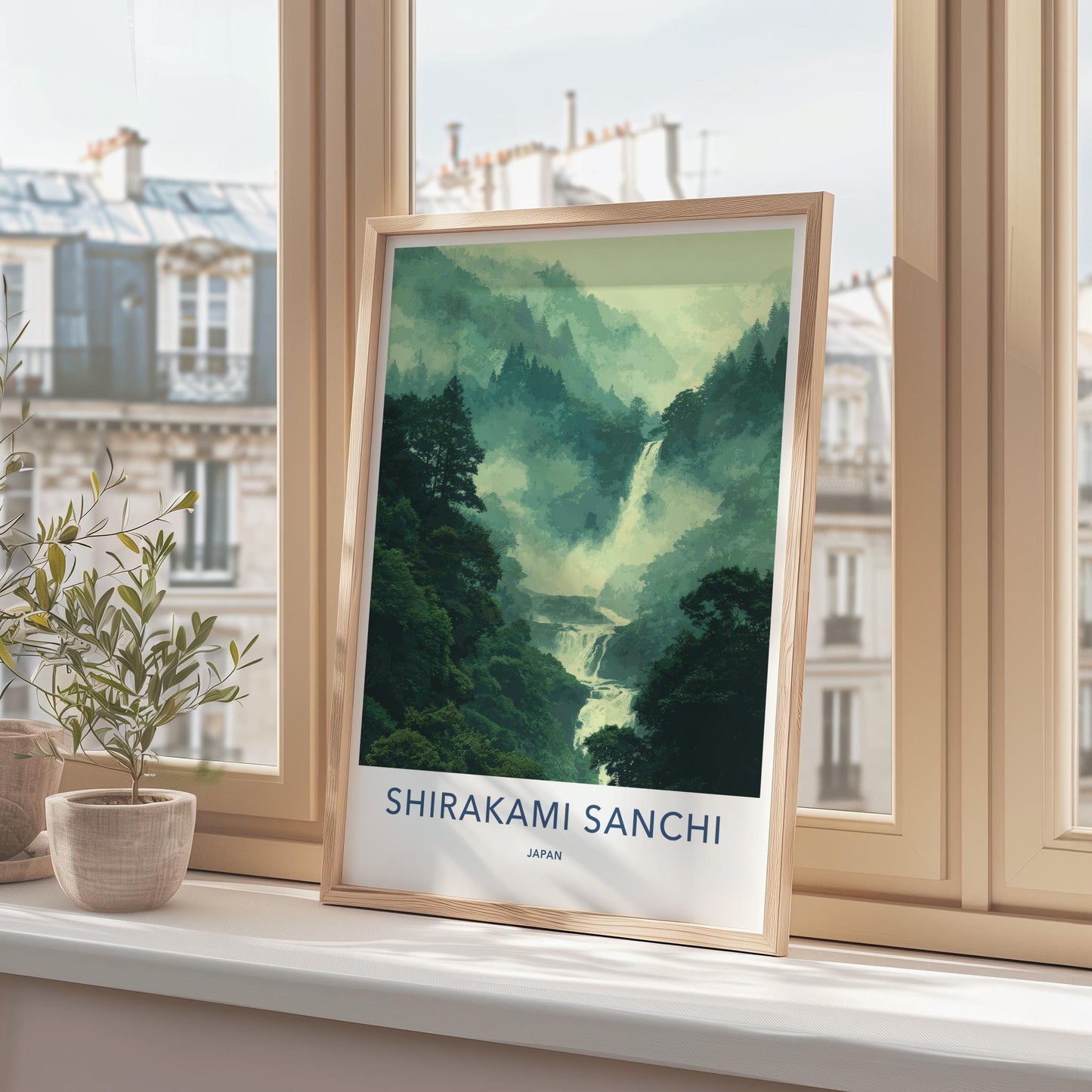 Shirakami Sanchi Poster - Japan Travel Art - Misty Forest Waterfall Home Decor