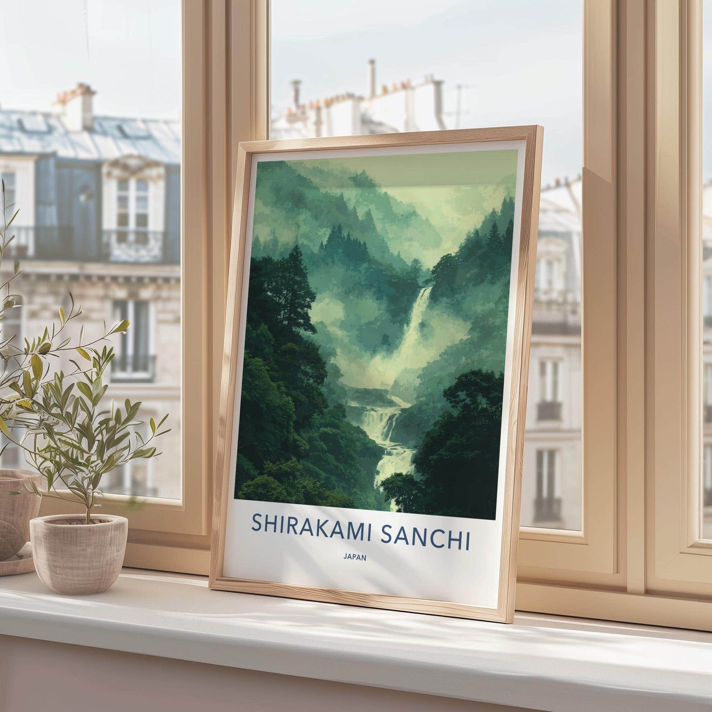 Shirakami Sanchi Poster - Japan Travel Art - Misty Forest Waterfall Home Decor