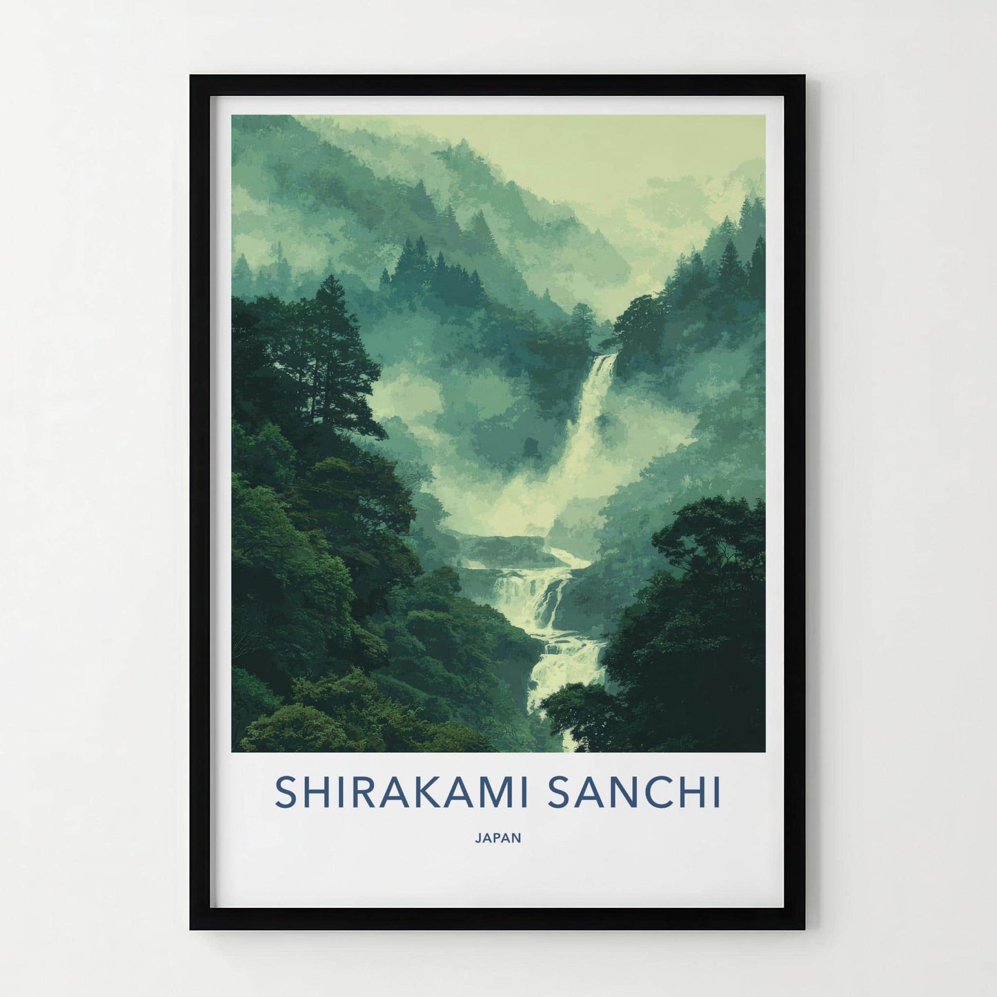 Shirakami Sanchi Poster - Japan Travel Art - Misty Forest Waterfall Home Decor