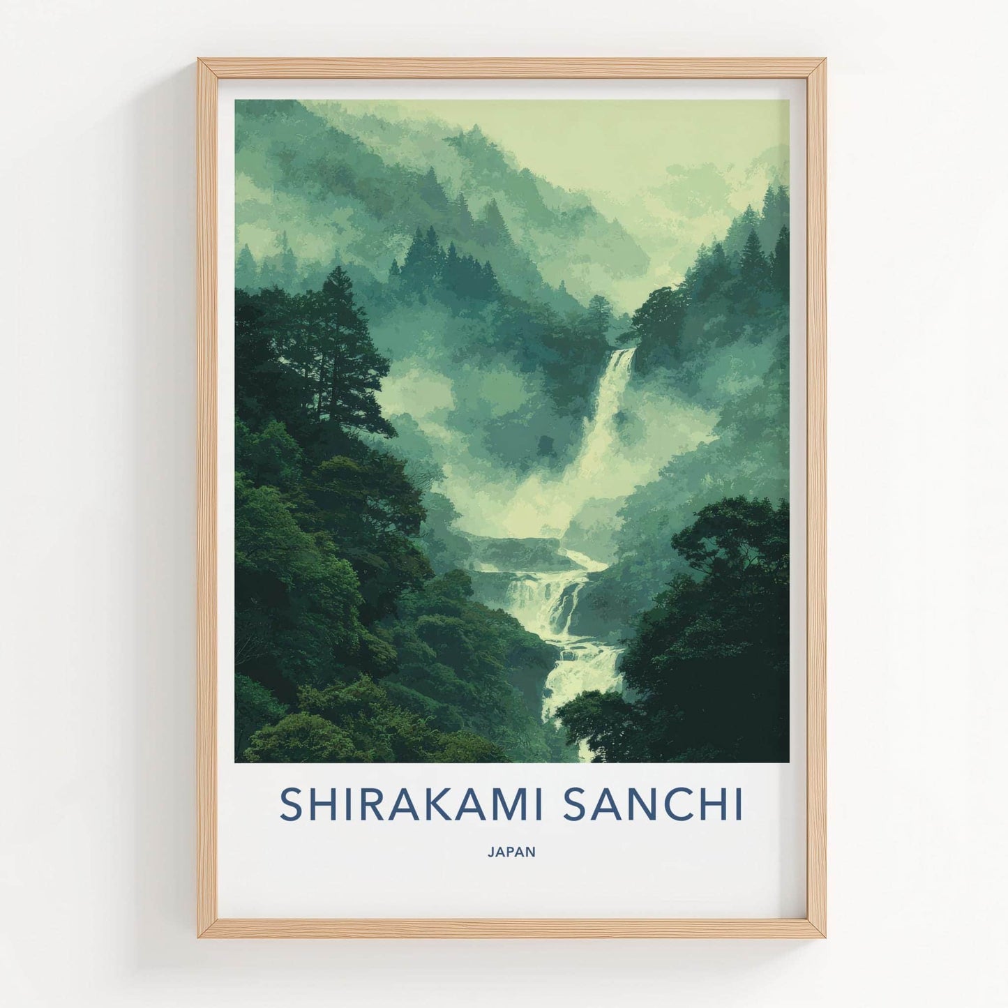 Shirakami Sanchi Poster - Japan Travel Art - Misty Forest Waterfall Home Decor
