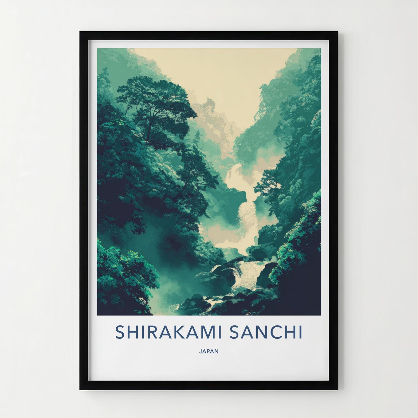 Shirakami Sanchi Poster - Japan Travel Art - Misty Forest Waterfall Home Decor