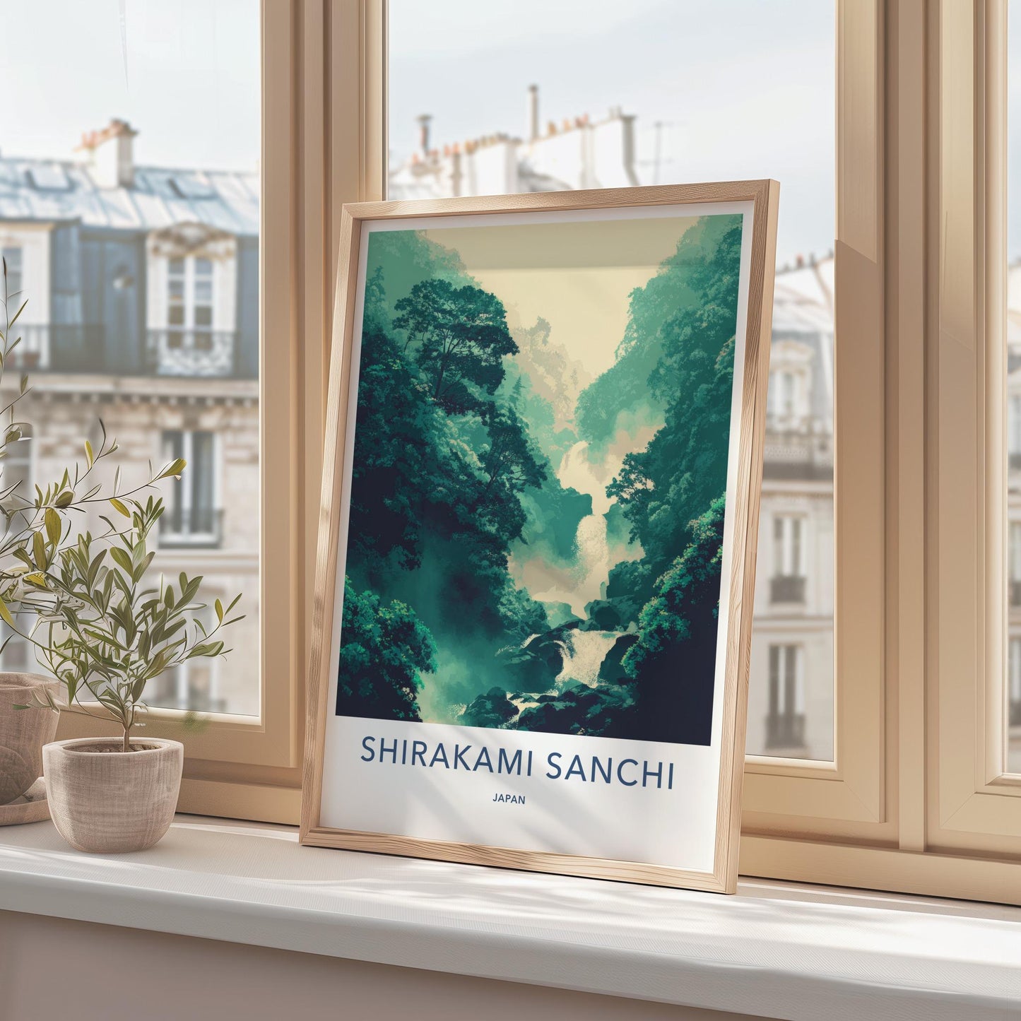 Shirakami Sanchi Poster - Japan Travel Art - Misty Forest Waterfall Home Decor