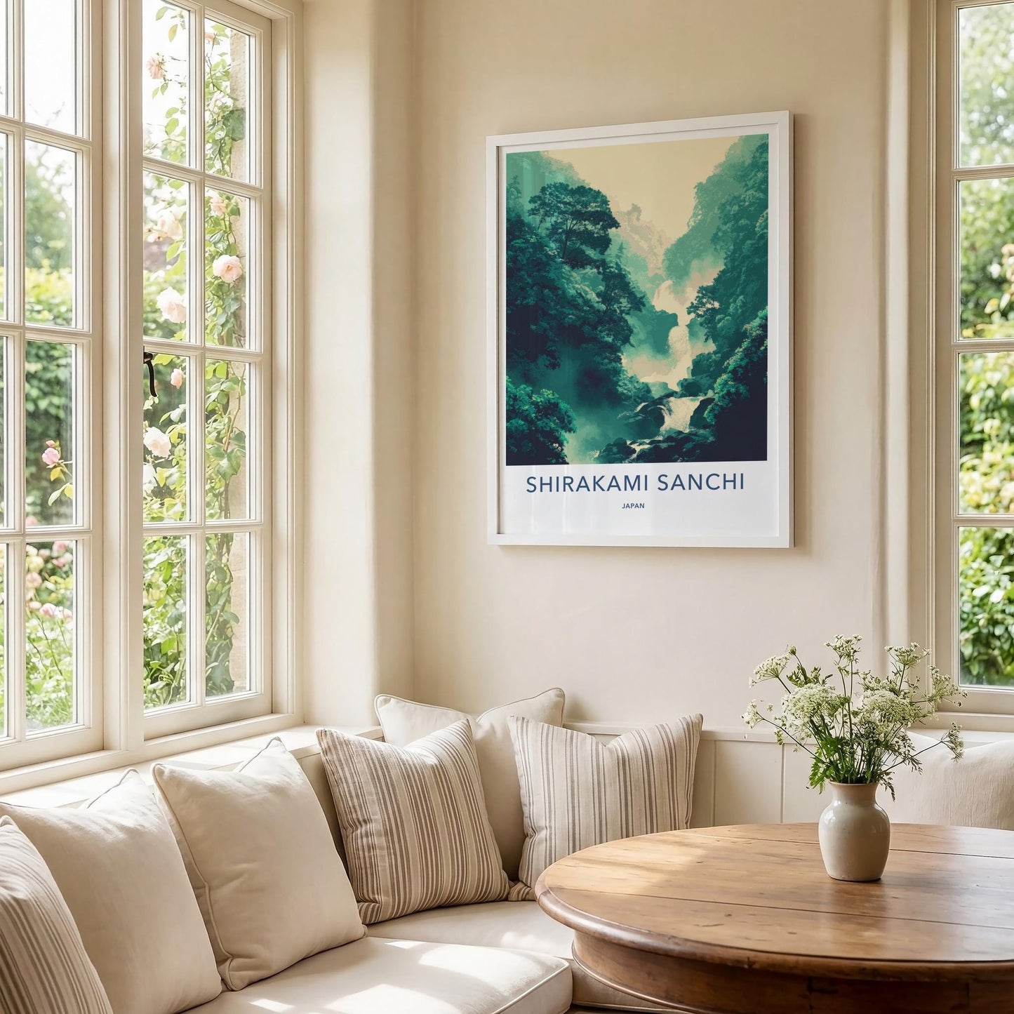 Shirakami Sanchi Poster - Japan Travel Art - Misty Forest Waterfall Home Decor