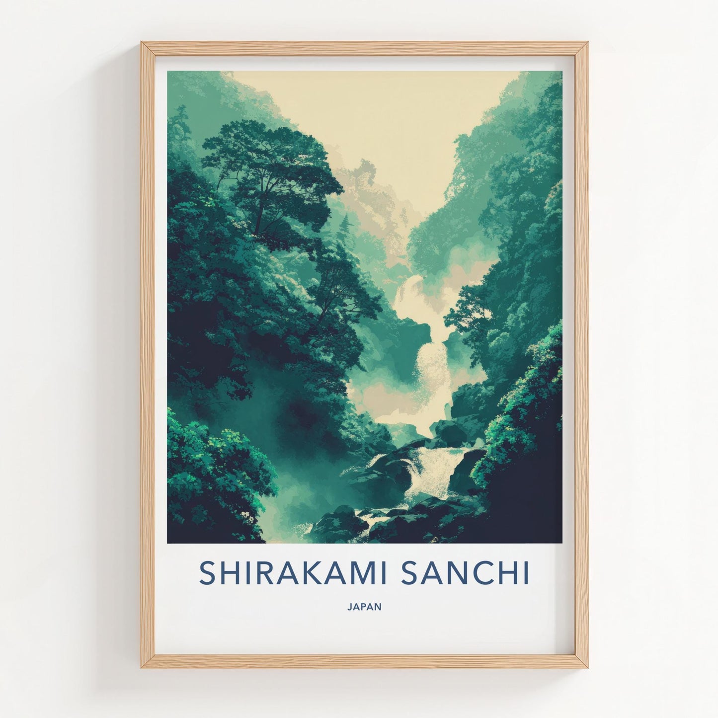 Shirakami Sanchi Poster - Japan Travel Art - Misty Forest Waterfall Home Decor