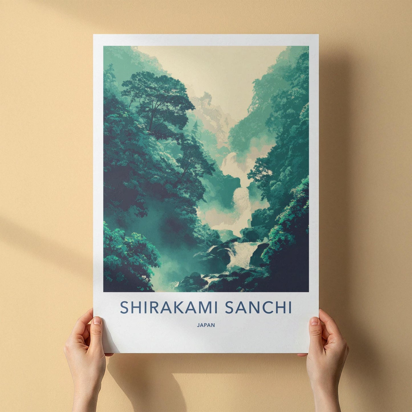 Shirakami Sanchi Poster - Japan Travel Art - Misty Forest Waterfall Home Decor