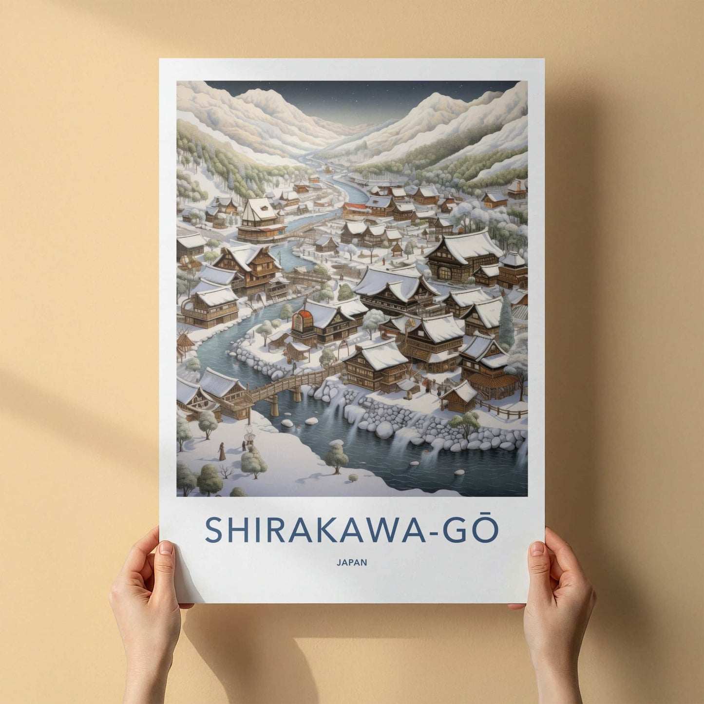 Shirakawa-Go Poster - Japan Travel Art - Winter Village River Home Decor
