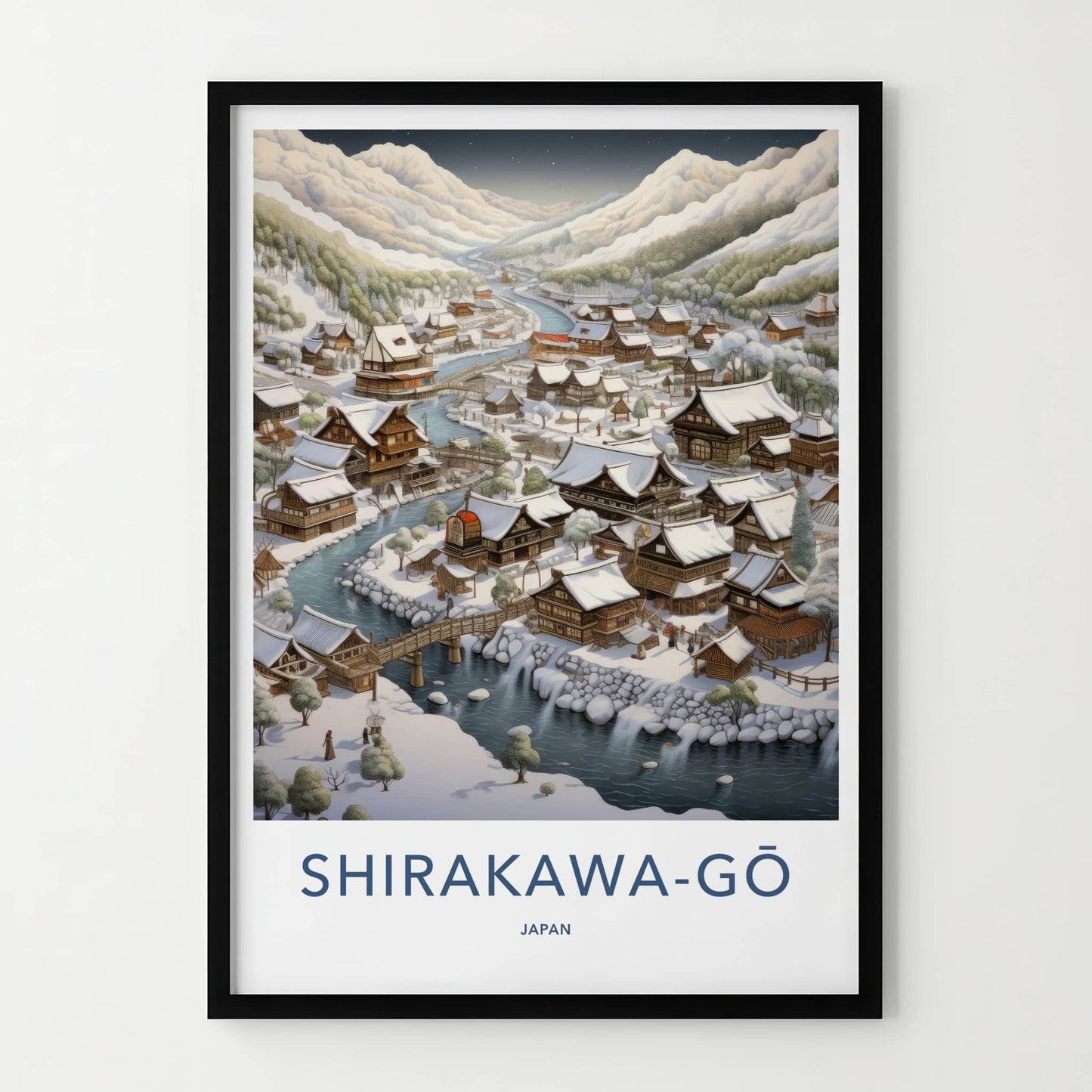 Shirakawa-Go Poster - Japan Travel Art - Winter Village River Home Decor