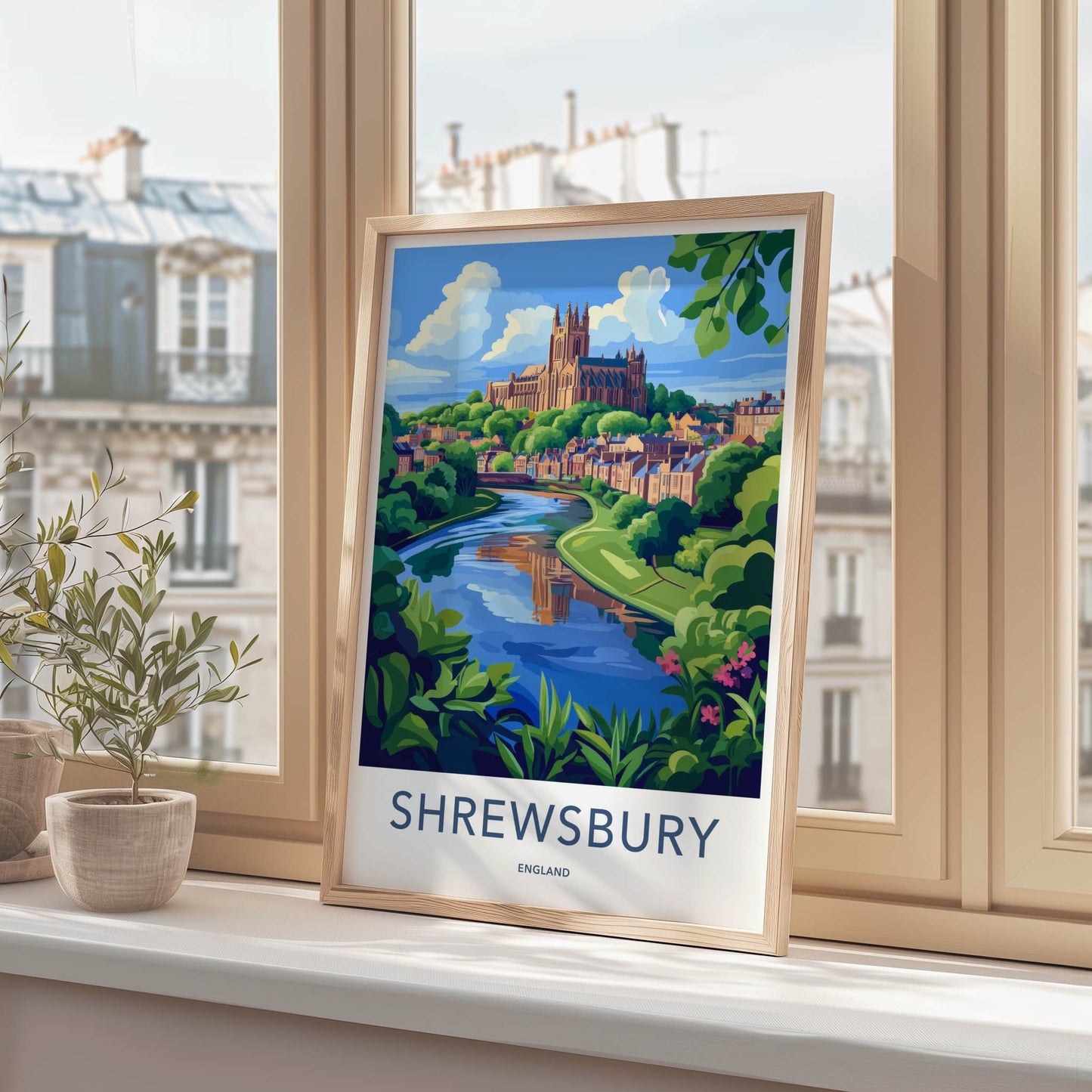Shrewsbury Poster - England Travel Art - Historic Riverside Cathedral Home Decor