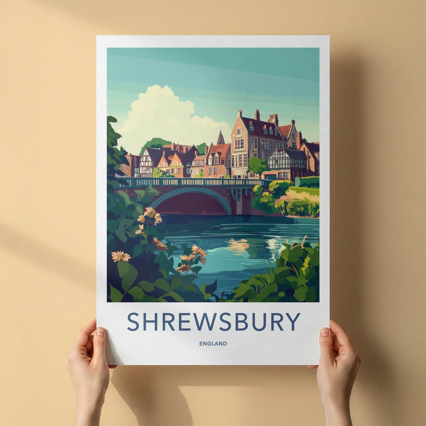 Shrewsbury Poster - England Travel Art - Riverside Bridge Town Wall Decor