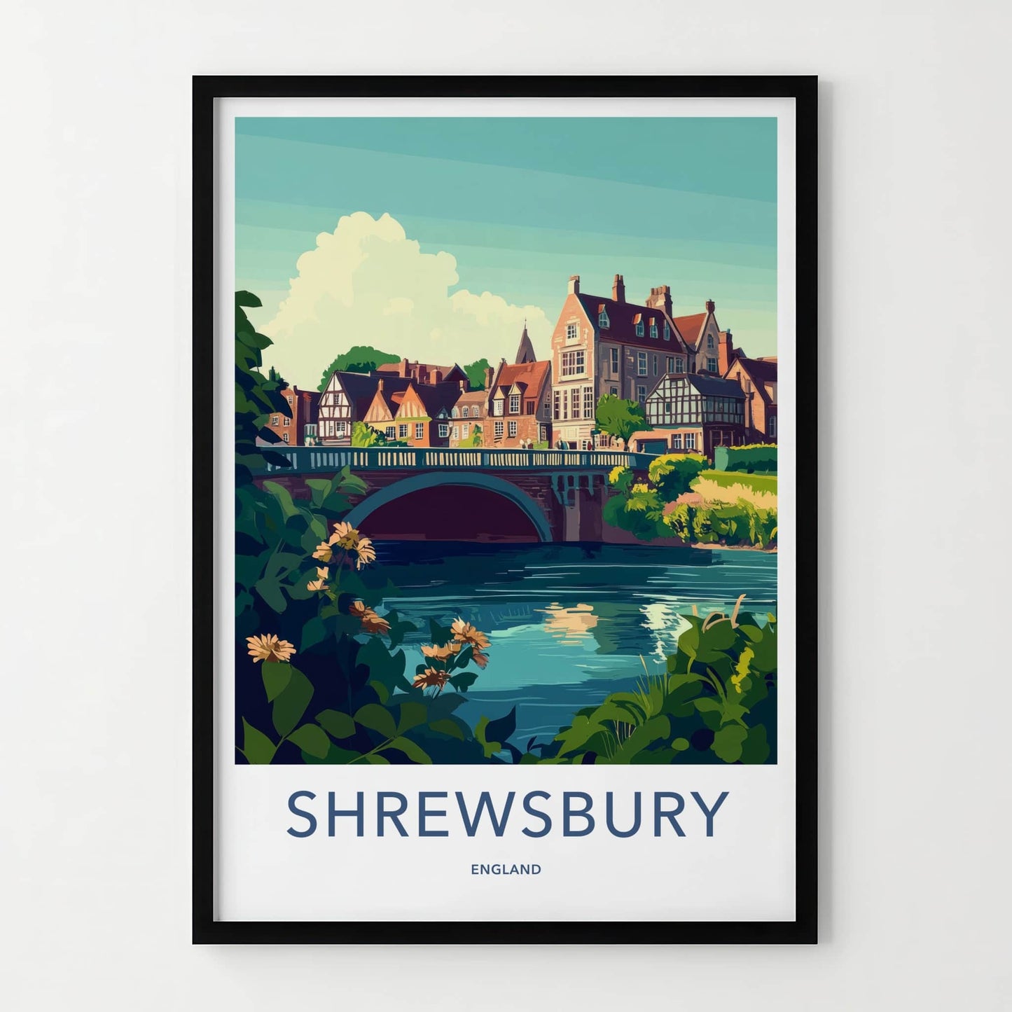 Shrewsbury Poster - England Travel Art - Riverside Bridge Town Wall Decor