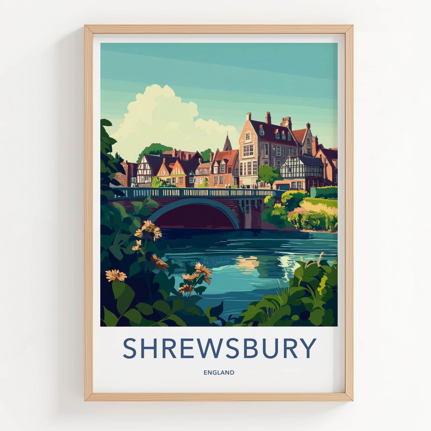 Shrewsbury Poster - England Travel Art - Riverside Bridge Town Wall Decor