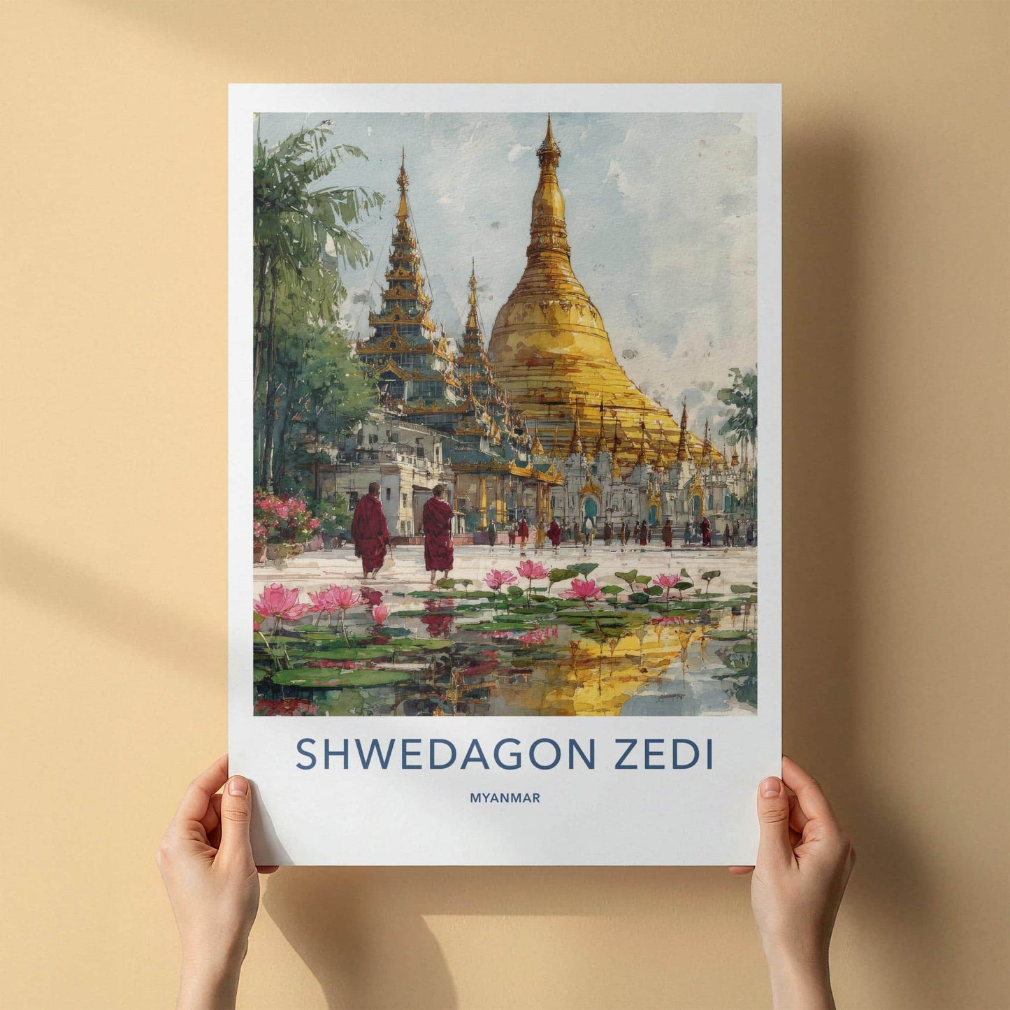 Shwedagon Zedi Poster - Myanmar Travel Art - Golden Pagoda Lotus Home Decor