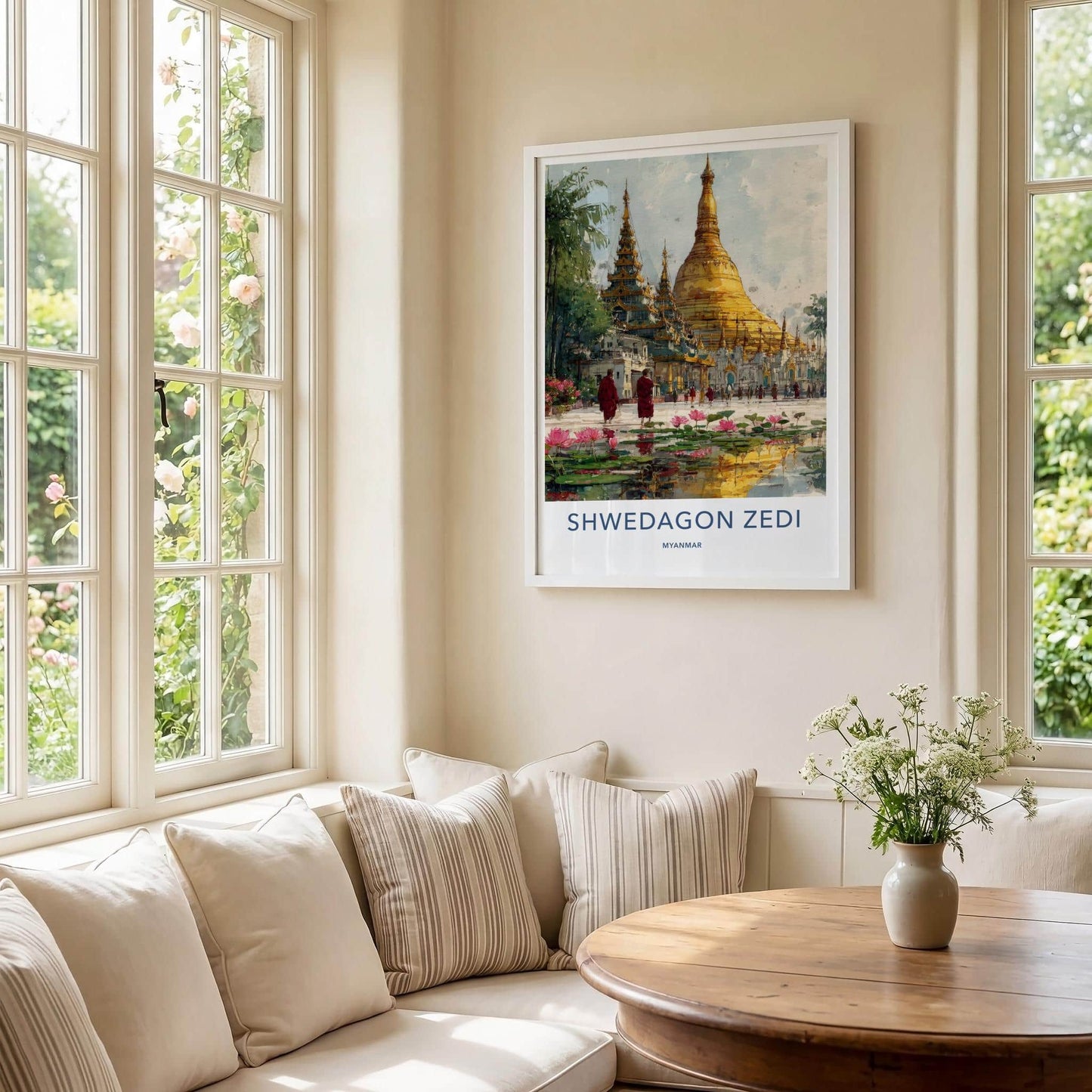 Shwedagon Zedi Poster - Myanmar Travel Art - Golden Pagoda Lotus Home Decor