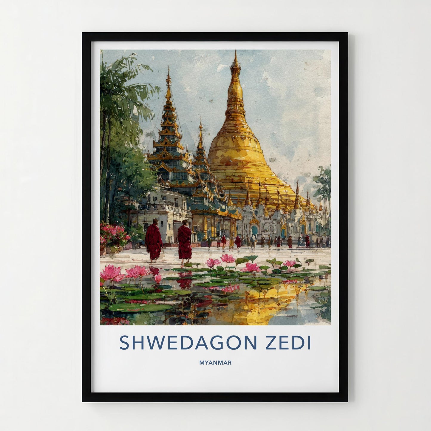 Shwedagon Zedi Poster - Myanmar Travel Art - Golden Pagoda Lotus Home Decor