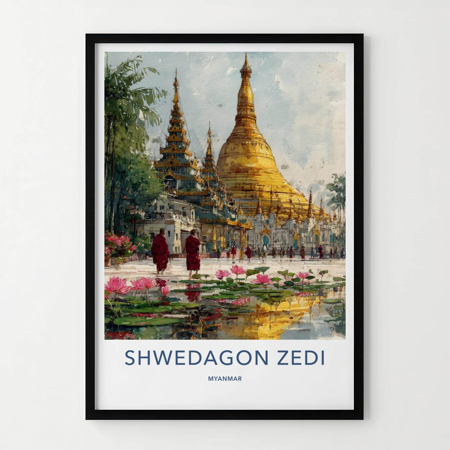 Shwedagon Zedi Poster - Myanmar Travel Art - Golden Pagoda Lotus Home Decor