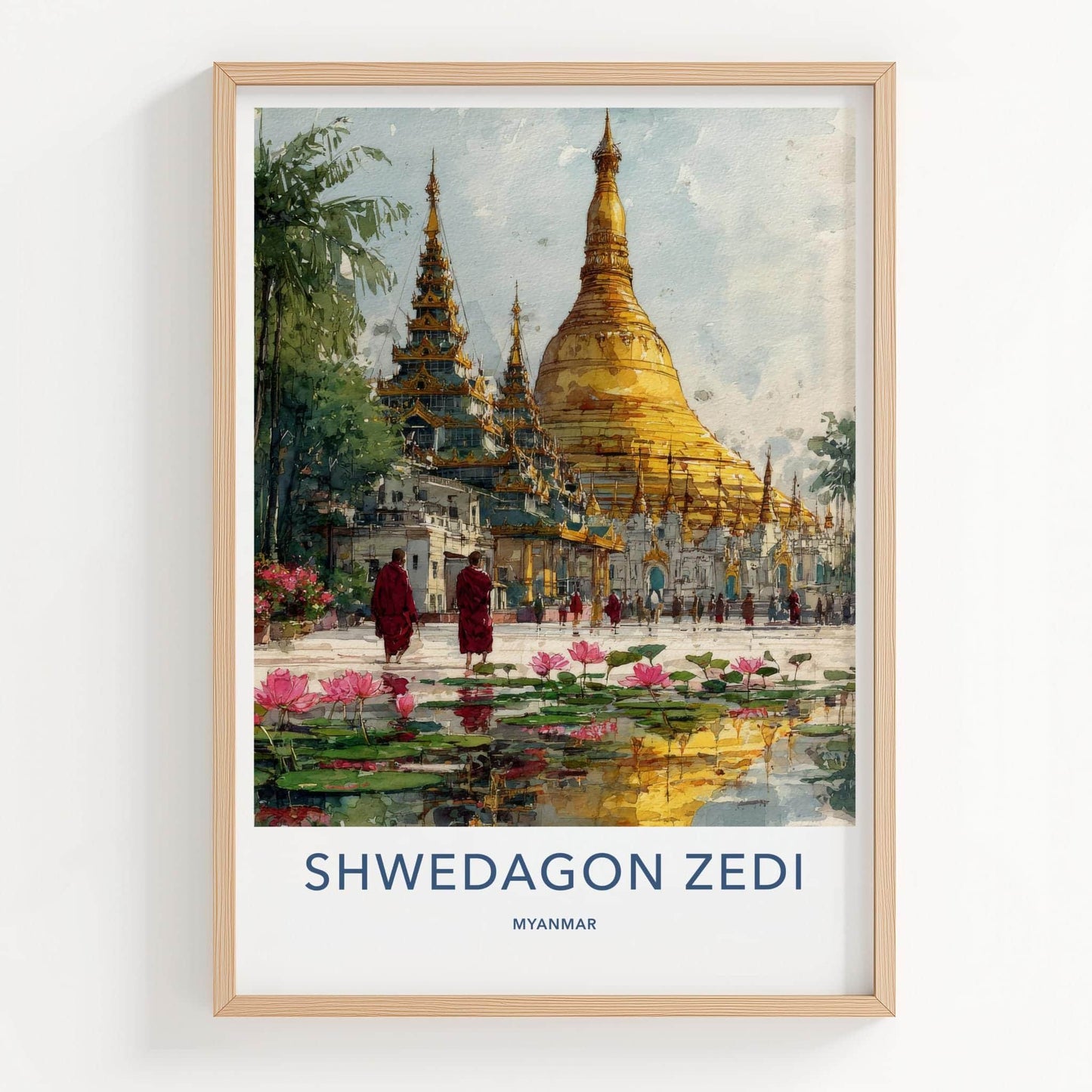 Shwedagon Zedi Poster - Myanmar Travel Art - Golden Pagoda Lotus Home Decor