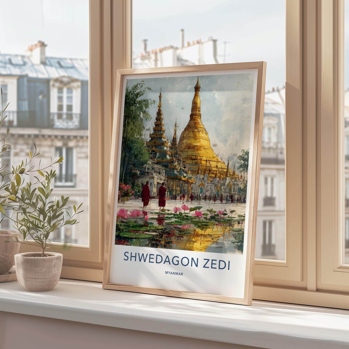 Shwedagon Zedi Poster - Myanmar Travel Art - Golden Pagoda Lotus Home Decor