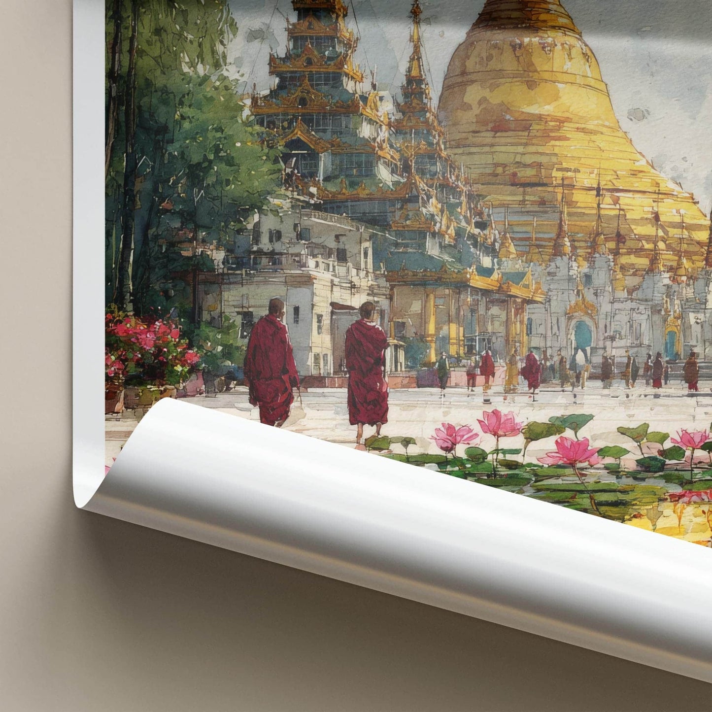 Shwedagon Zedi Poster - Myanmar Travel Art - Golden Pagoda Lotus Home Decor
